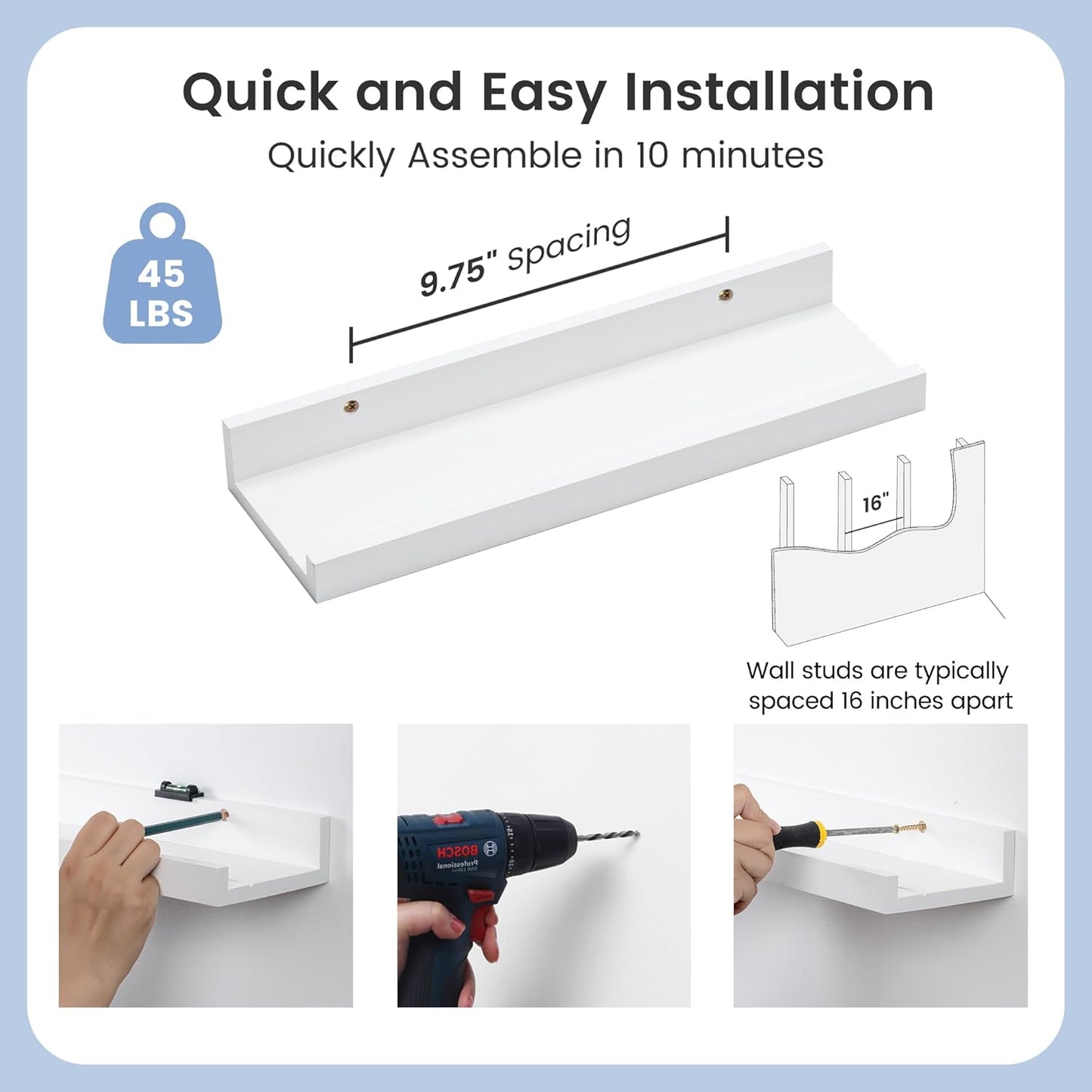 Picture Ledge Shelf for Wall, 16 inches Solid Pine Wood Nursery Book Shelves 3 Packs, Floating Ledge Shelves for Kids' Room Bedroom Bathroom Living Room Photo Frames Office Nursey Wall Decor, White