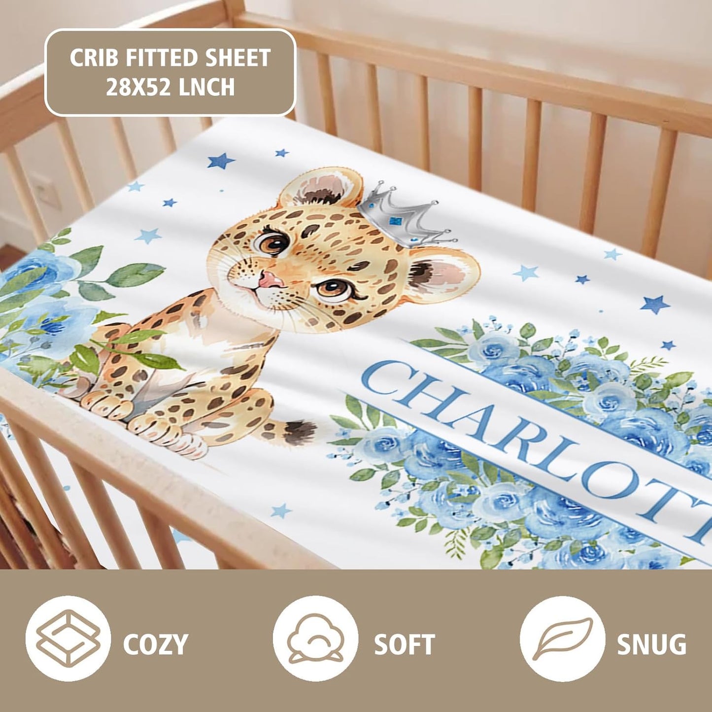 Custom Name Crib Bedding Set - Blue Floral Leopard Pattern, Personalized Nursery Bedding 3-Piece Set– Soft Blanket, Fitted Sheet, Changing Pad Cover – for Newborns Girls Nursery Gifts