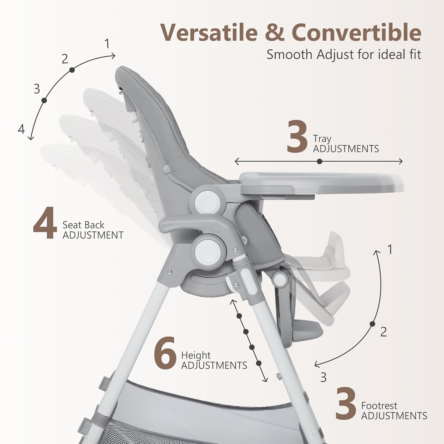Kinder King Convertible Baby High Chair, Adjustable Feeding Chair for Babies and Toddlers with Removable Double Tray, Simple Compact Fold for Space-Saving, 2 Built-in Wheels, Easy to Clean, Gray