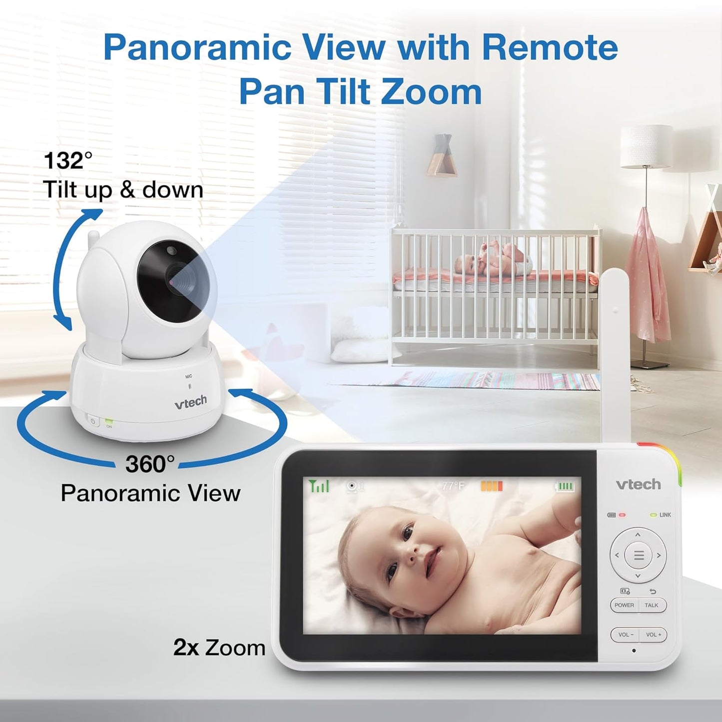 VTech VM924-2 Remote Pan-Tilt-Zoom Baby Monitor with 2 Cameras & Audio,5" LCD Screen,Up to 17Hrs Video Streaming&31Hrs Battery for Audio,Night Vision,1000ft Range,Soothing Sounds,Temperature Sensor