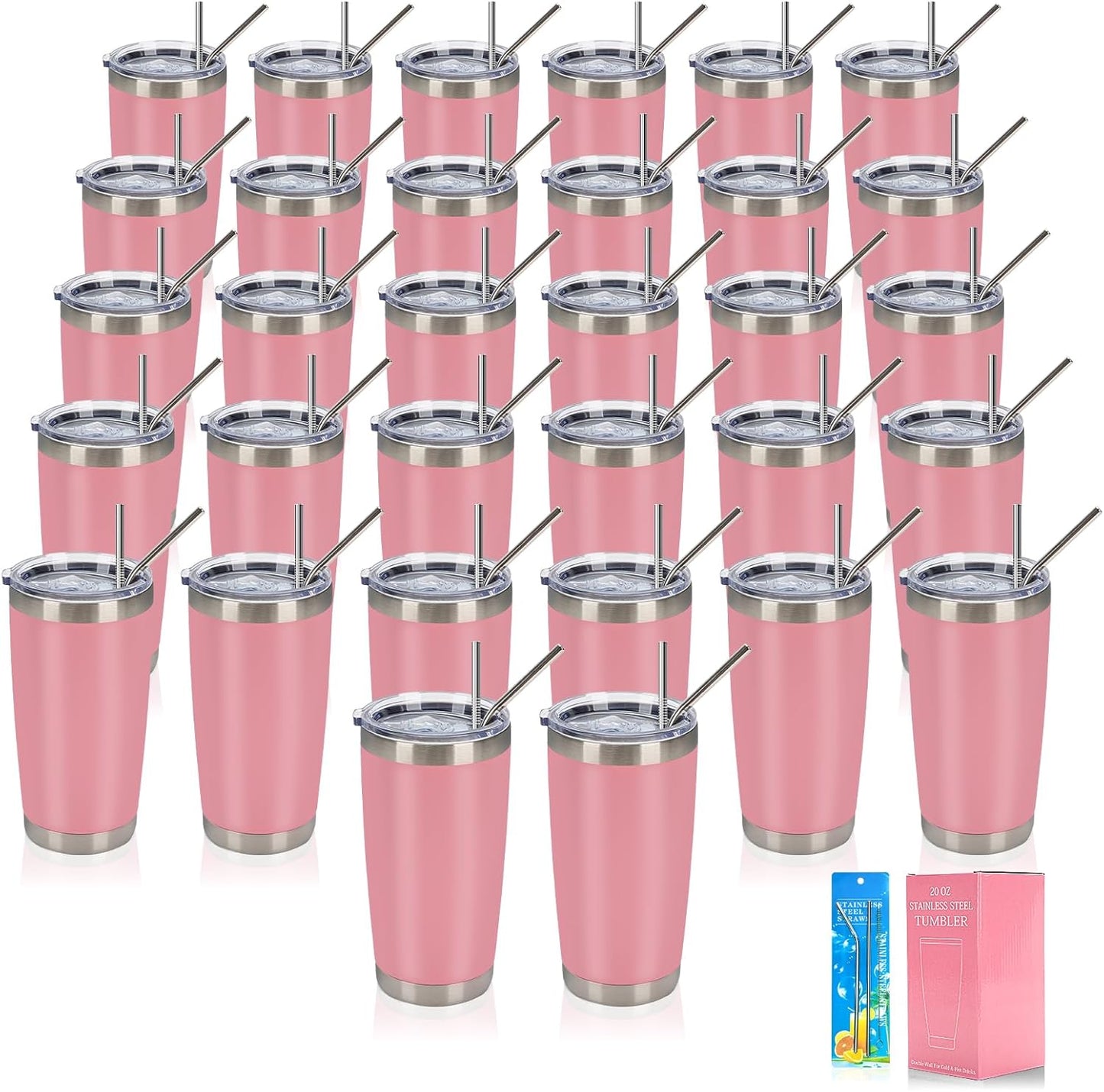 IEOVIEE 32 Pack 20oz Stainless Steel Bulk Tumblers with Lids and Straws Double Wall Insulated Travel Mug Durable Powder Coated Tumbler Bulk Cup for Cold and Hot Drinks(Pink)