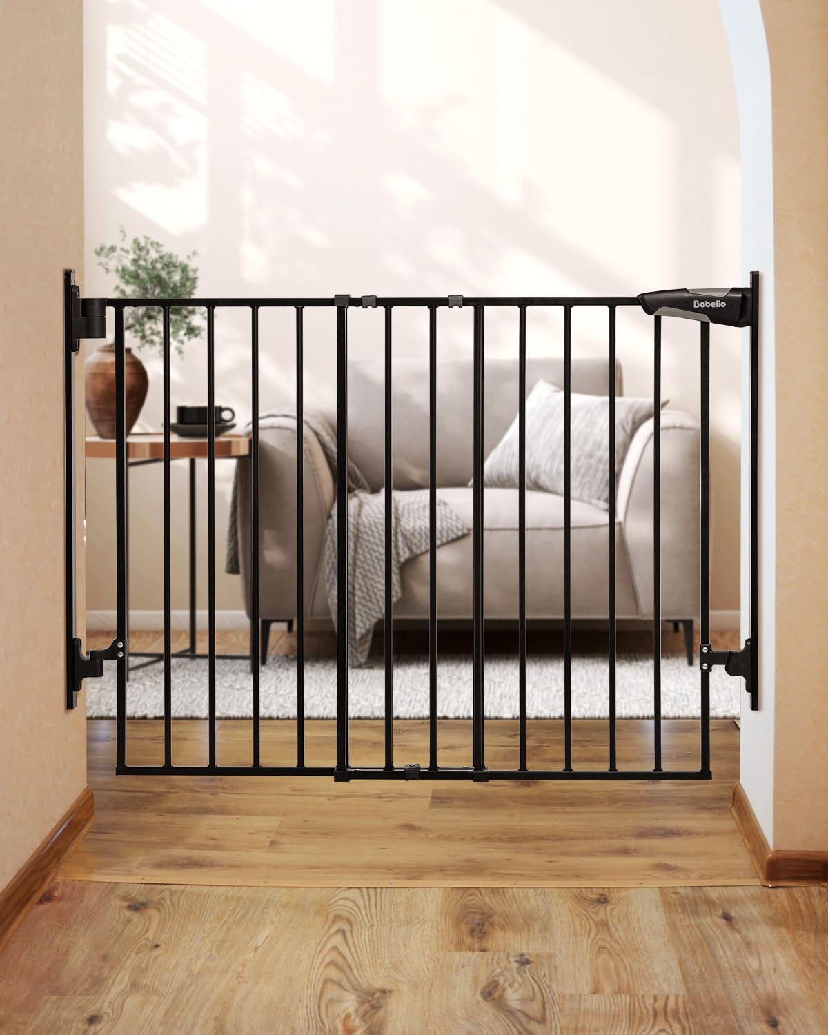 Babelio 27-45" No Bottom Bar Baby Gate with Easy Installation, 2-in-1 Auto Close Design, Suitable for The House, Stairs, and Doorways, Safety Pet Gates with Large Walk-Thru Door, Black