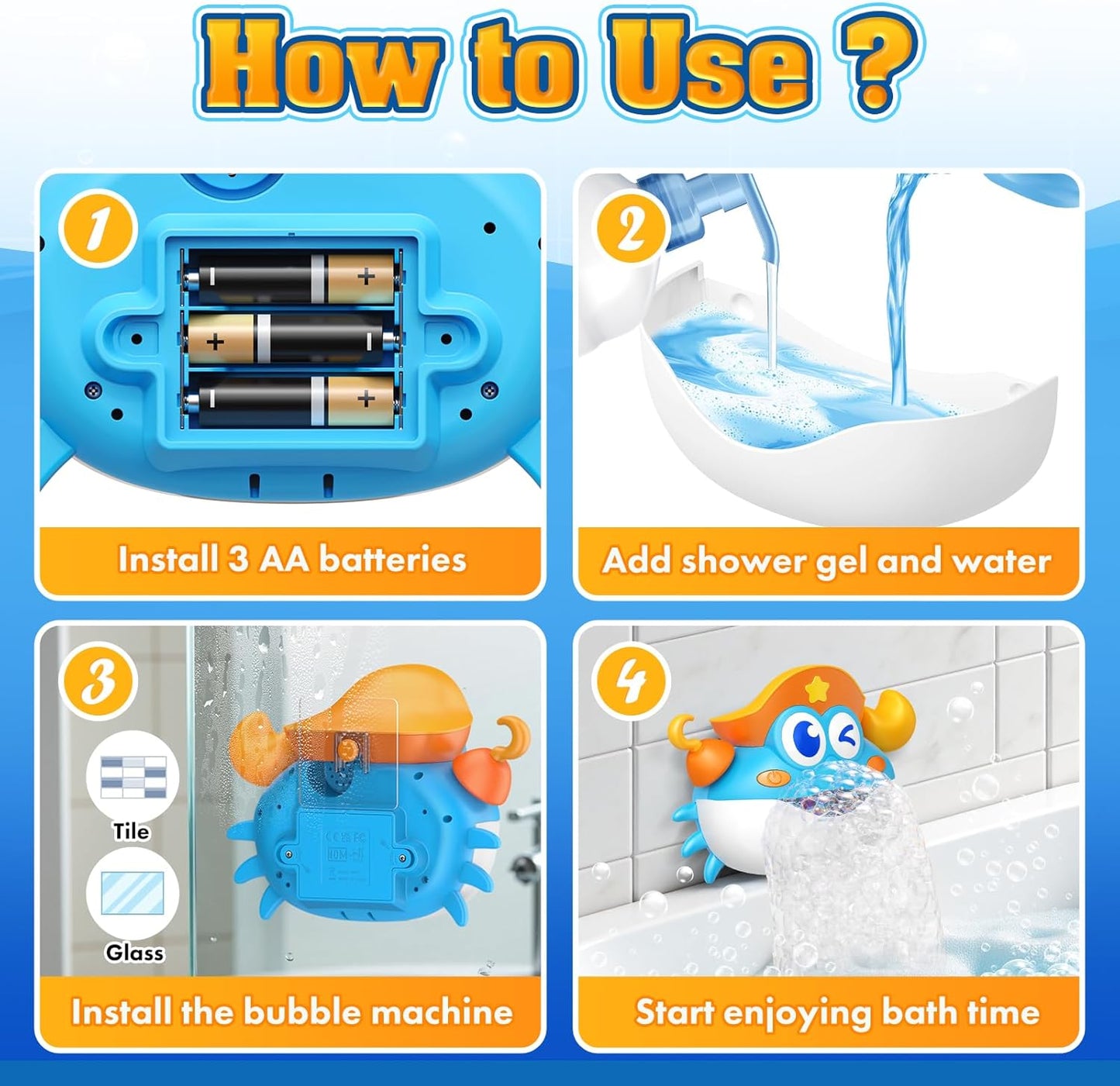 Baby Bath Toys,Light Up Crab Bubble Machine Blower with LED Lights,3 Cute Wind-Up Bath Toys for Kids Ages 1-3 4-8 Toddler Bathub Toy Great Birthday Gifts for Kids
