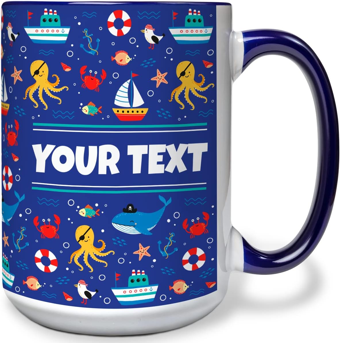 Personalized Mug for Kids - Nautical - Custom Name/Text, Ceramic Hot Chocolate/Cocoa/Coffee Cup for Boys/Girls, Birthday/Christmas/Holiday Gift - 15 oz, Navy Blue Handle