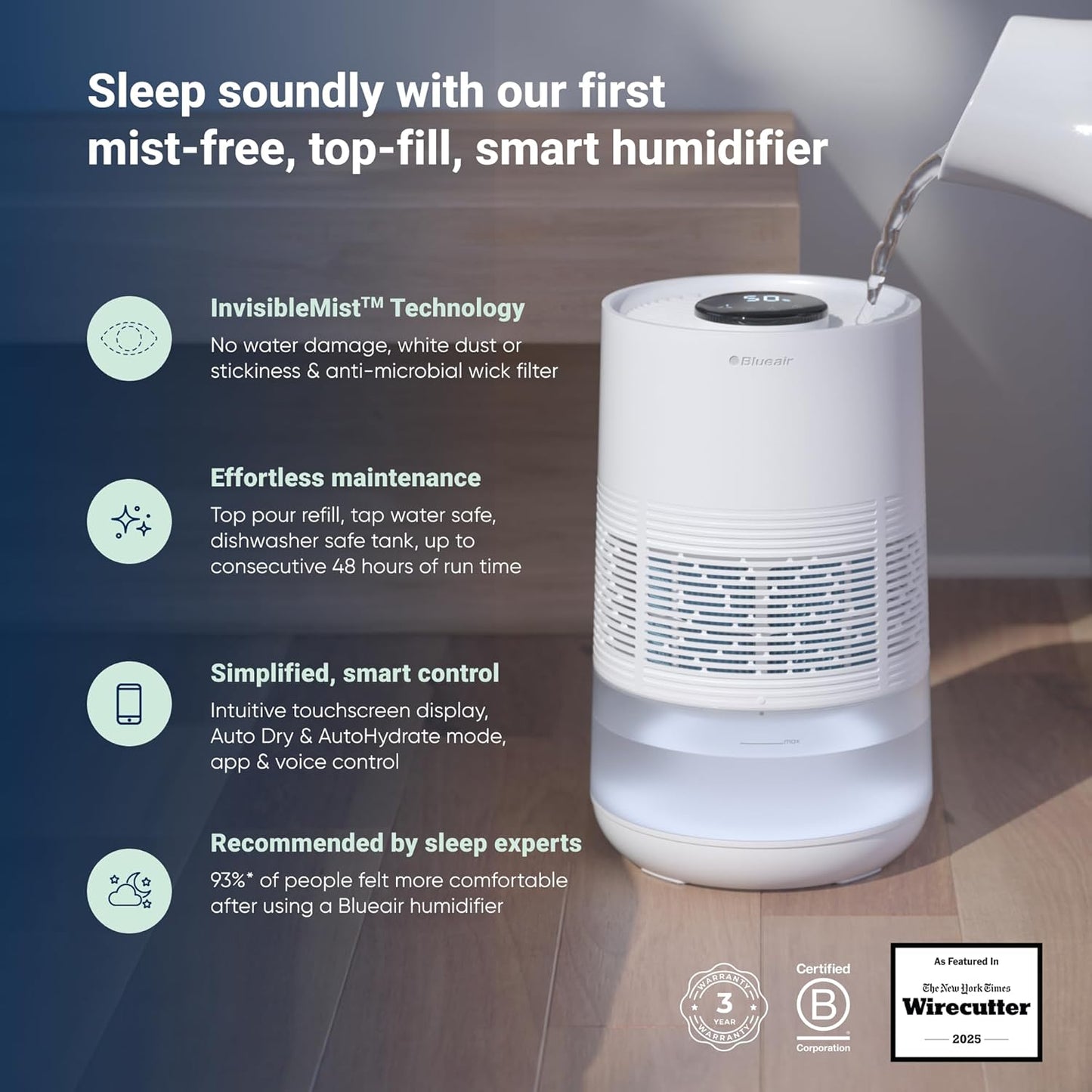 BLUEAIR Premium Smart Humidifier for Large Rooms, Bedrooms, Better Sleep with Evaporative Invisible Mist Tech, Auto Humidify, Easy Top Fill, Smart Control with App, Touchscreen, 3.5L Tank for 48 hours
