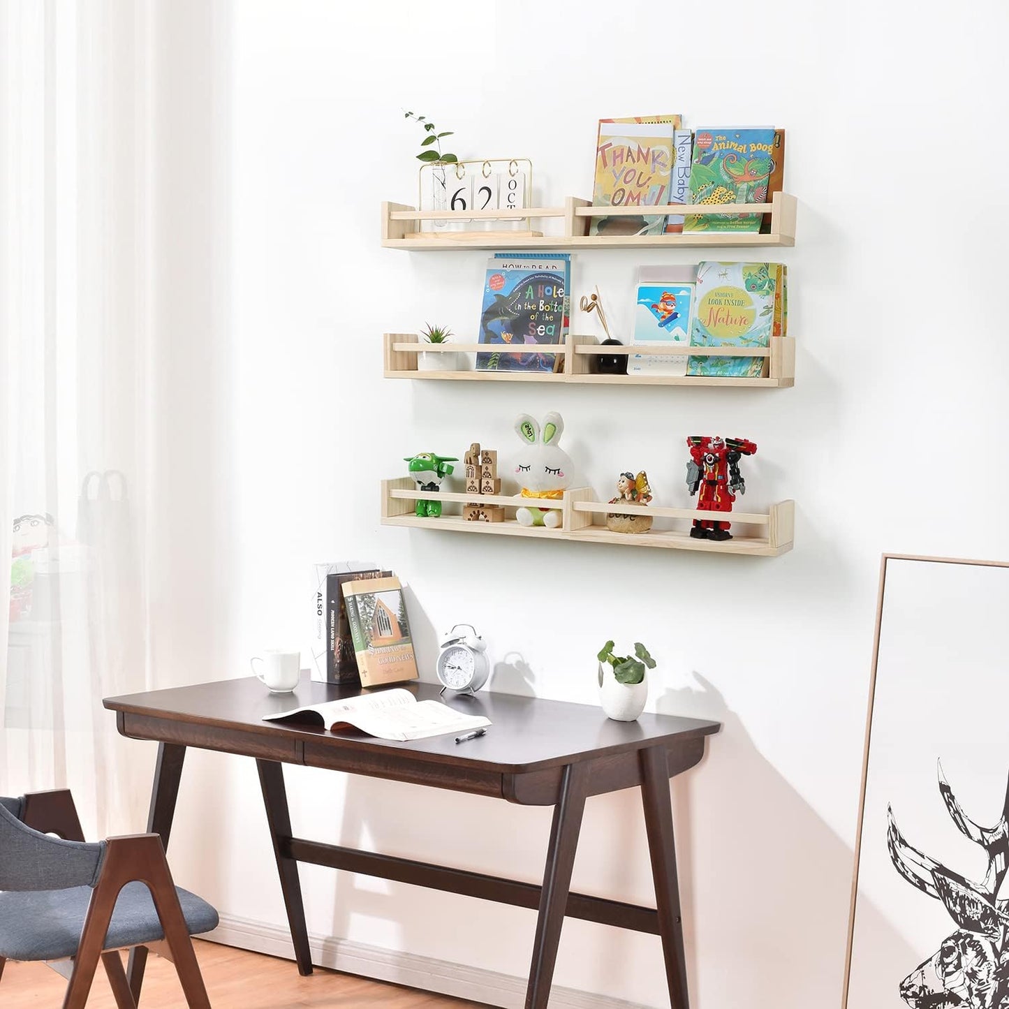 Nursery Bookshelves Wall Mounted，32inch，Set of 3, Wood Floating Wall Bookshelf for Kids,Natural Wood Color,Hanging Shelf for Baby Nursery Room Decor, Pine