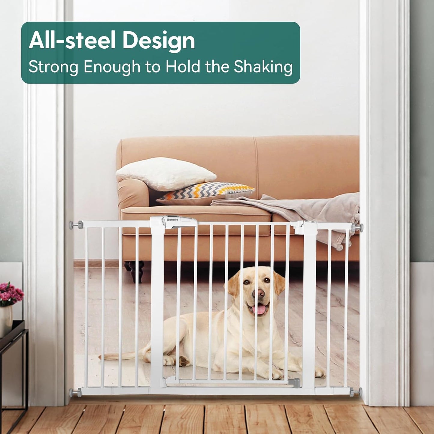 Babelio Metal Baby Gate, 29-48“ Auto Close Easy Install Pet Gate, Extra Wide Walk Thru Child Safety Gate, Pressure Mounted Dog Gate for Doorways & Stairs, with Y Spindle Rods, White