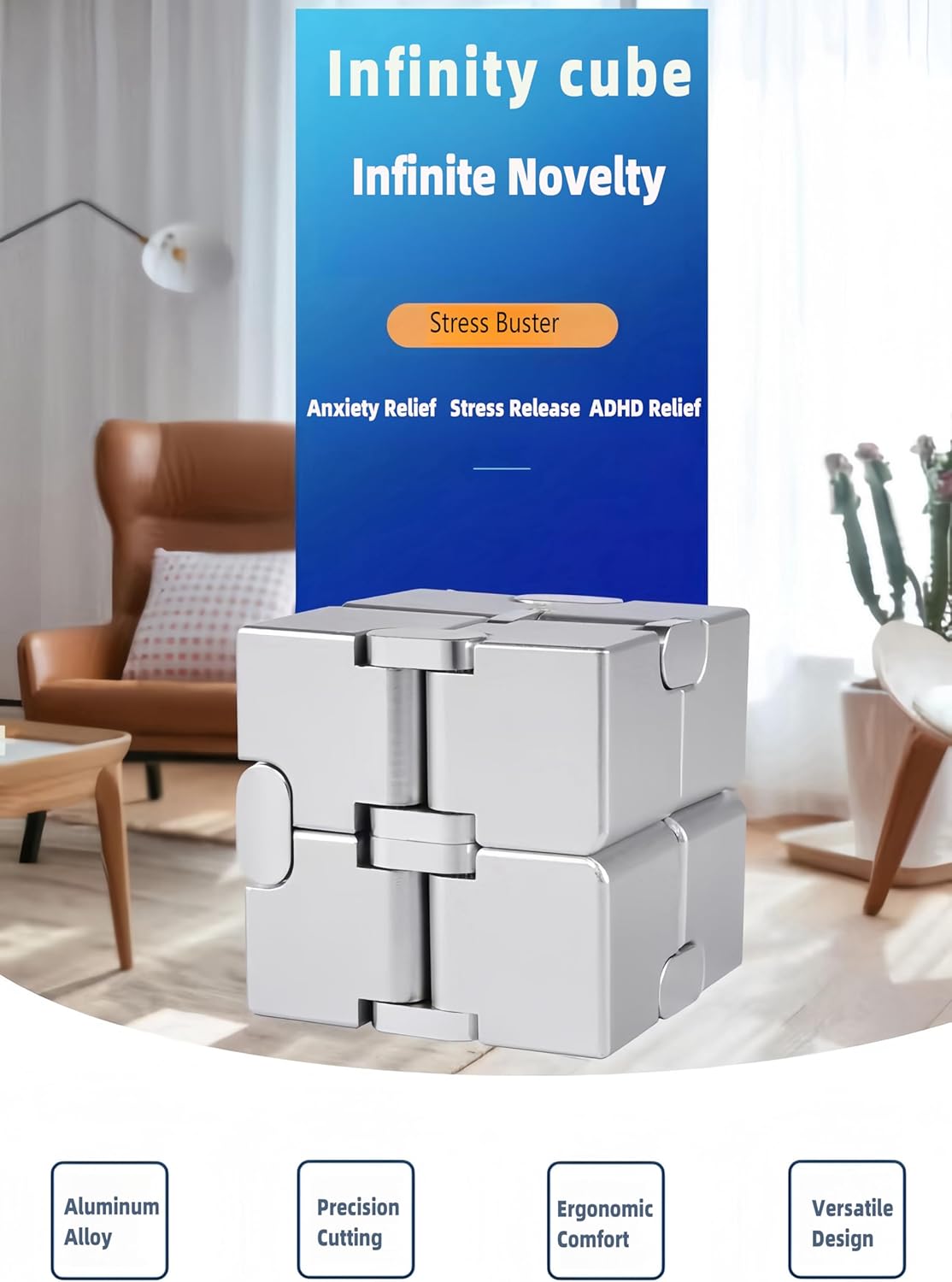 Metal Infinity Cube Fidget Toy - Aluminum Alloy Anti-Stress and Anxiety Finger Flip Cube for Adults, Men, and Women, Ideal Desk Toy for Work or Home - Infinity Cube Desk Toy (Black)