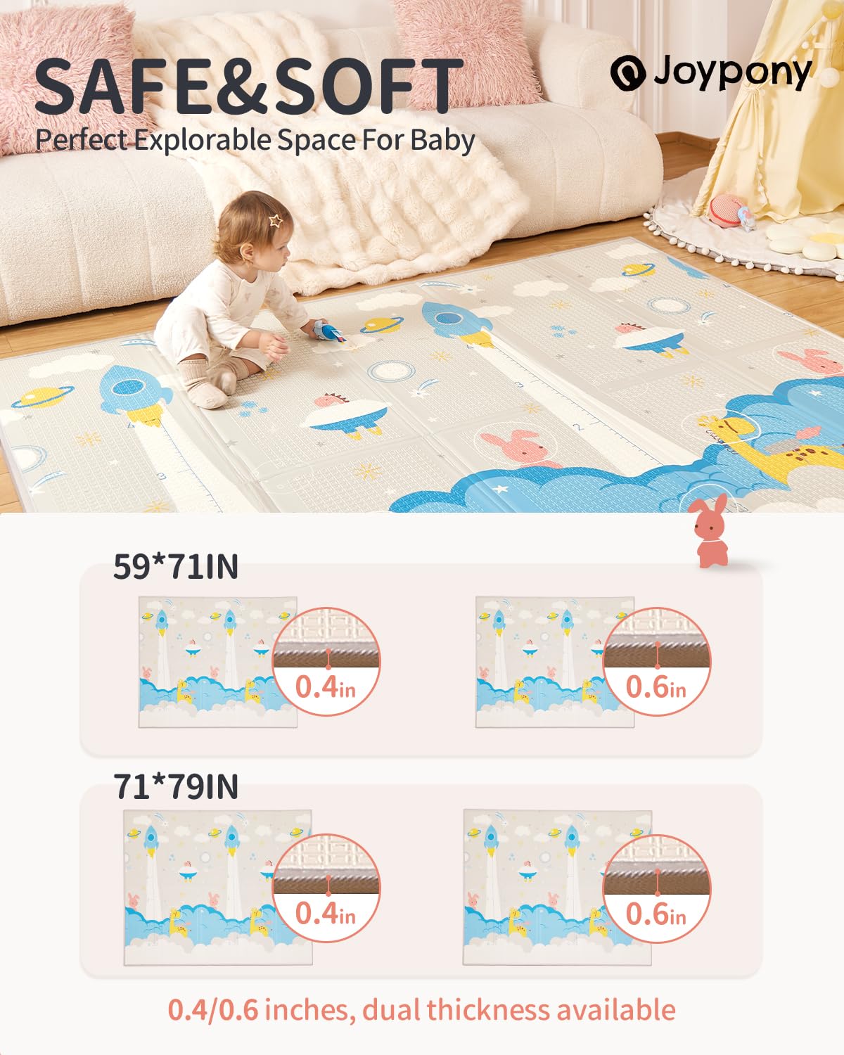 Baby Play Mat 79x71x0.6 inches, Fabric Cloth Surface Extra Large & Thick Foldable Play Mats for Baby Girls Boys, Waterproof & Anti-Slip Portable Baby Floor Mat for Tummy Time with Travel Bag