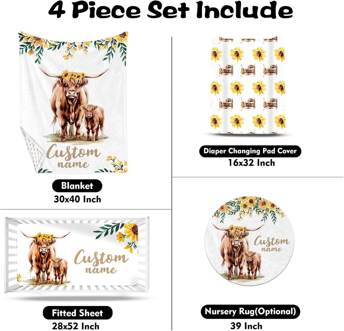 Custom Nursery Crib Bedding Set: Personalized Name 4 Piece Yellow Highland Cattle Design Baby Crib Sets for Girls - Toddler Double Layer Blanket Set, Comfortable Crib Bed Sheets for Baby Toddlers
