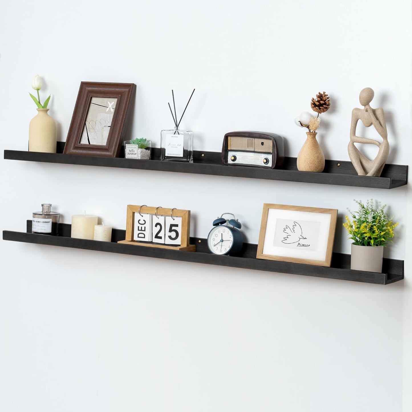 Picture Ledge Shelf for Wall, 48 inch Solid Pine Wood Nursery Book Shelves 2 Packs, Floating Ledge Shelves for Kids' Room Bedroom Bathroom Living Room Photo Frames Office Nursey Wall Decor, Black