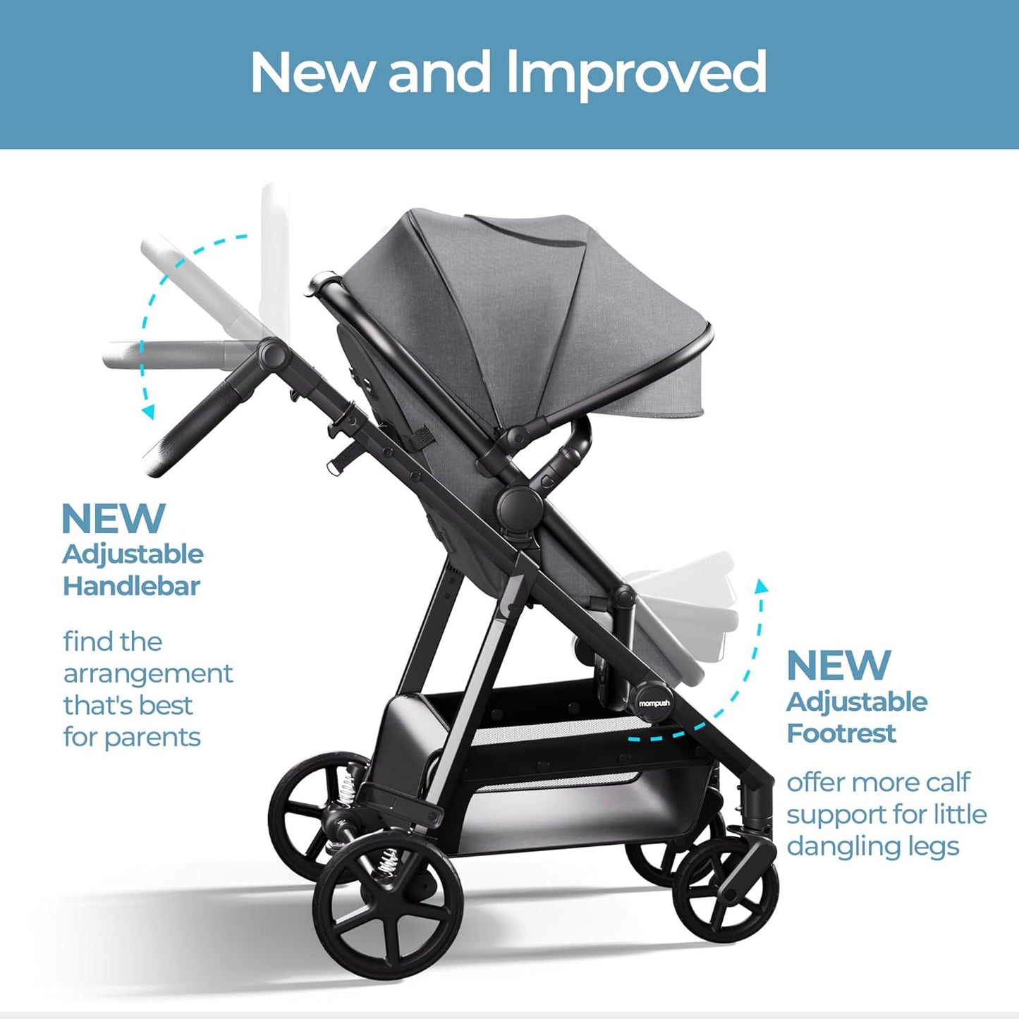 Mompush Baby Stroller, Convertible 2-in-1, Infant Car Seat Compatible, Includes Adapter - Sturdy Full-Size Infant Stroller for Family Adventures