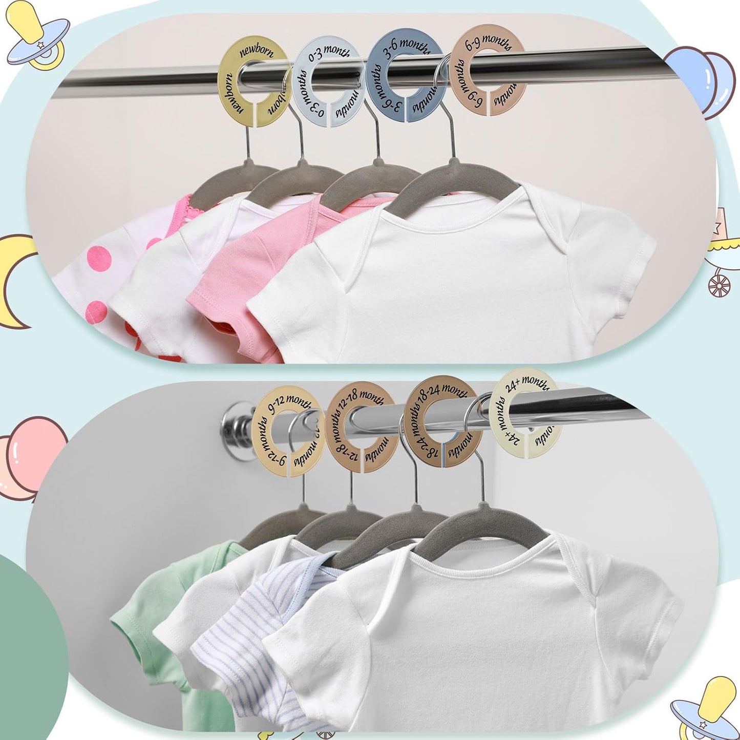8 Pcs Baby Closet Dividers Unisex Baby Clothes Organizers Clear Labels for Nursery Closet Organizer & Decor Nursery Fits Most Rods(Natural,Earth Stone Color)