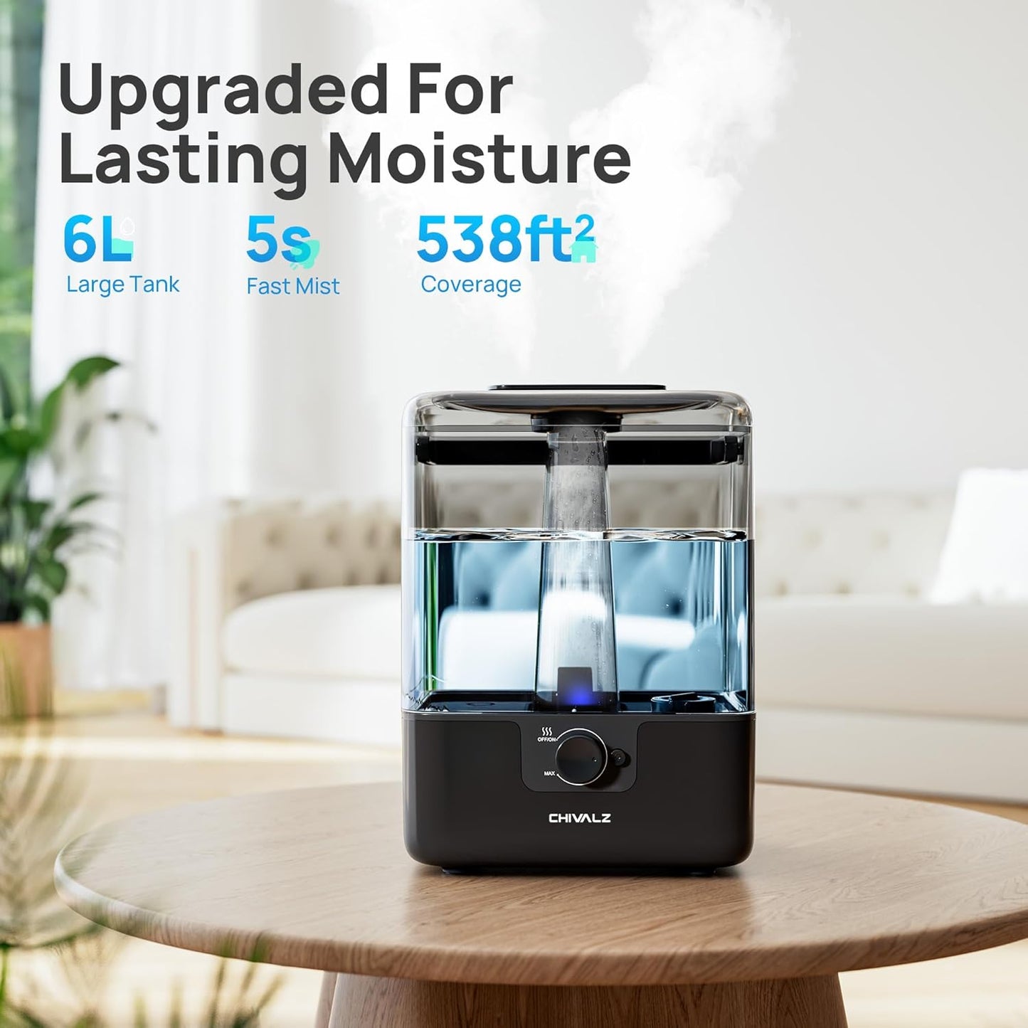 CHIVALZ 6L Humidifiers for Bedroom Large Room Home, Cool Mist Top Fill Humidifiers for Baby Nursery and Plants, 26dB Quiet, Nightlight, Up to 50 Hours, Oil Diffuser 1 Pack + 2 Mist Outlets Black