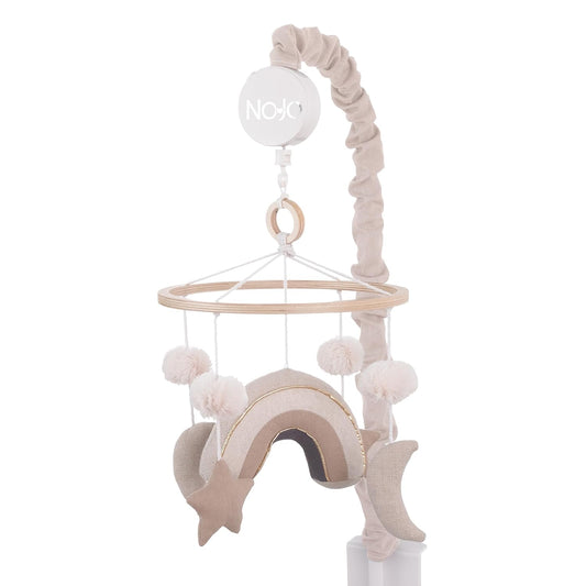 NoJo Rainbow Moon and Stars Pom Pom Ivory, Taupe, and Natural Wood Tones Plush Nursery Musical Mobile