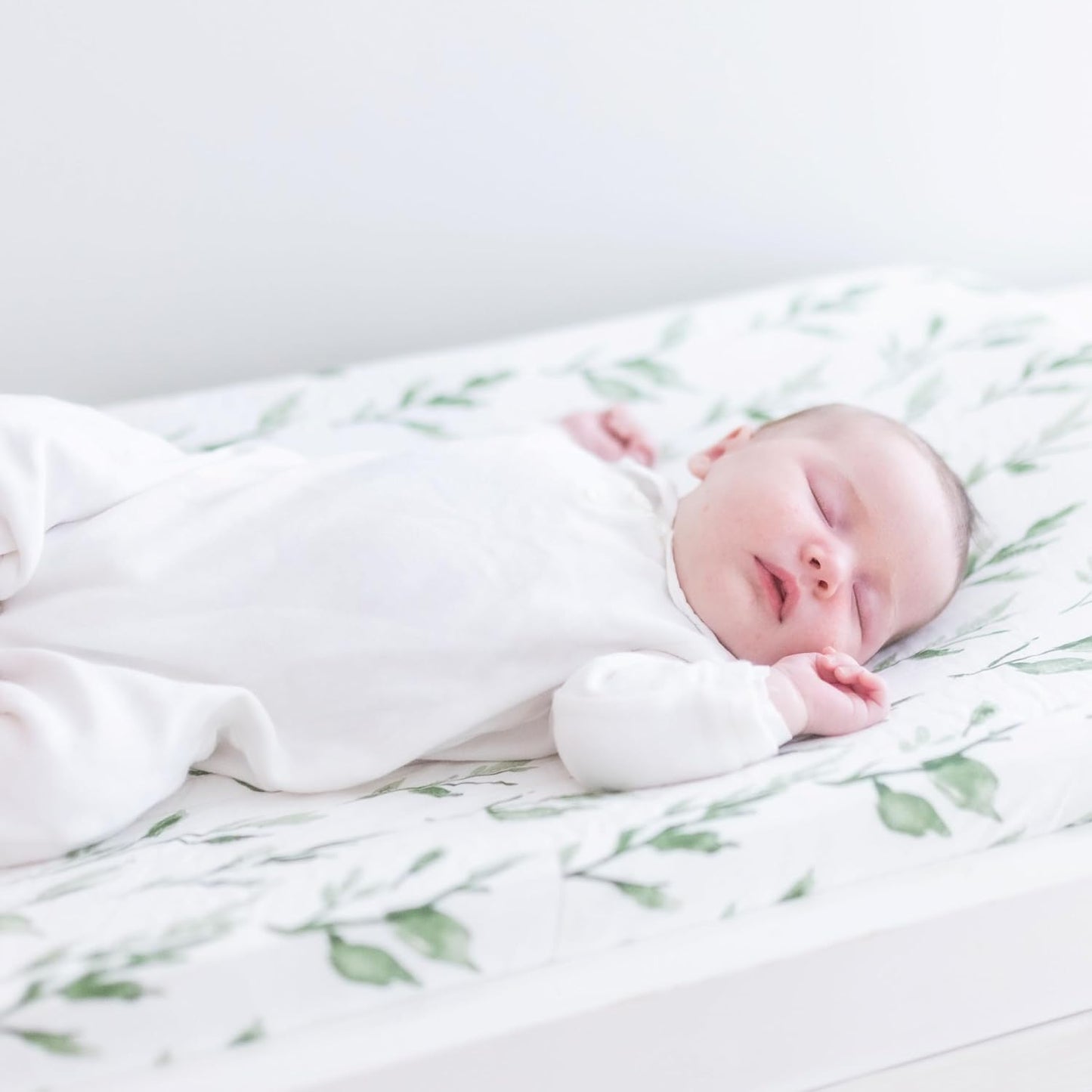 Crane Baby Green Leaf, Quilted Changing Pad Cover, 100% Cotton Sateen, 16in X 32in, Fitted with Elastic, Soft, Machine Washable, Neutral Nursery Essential