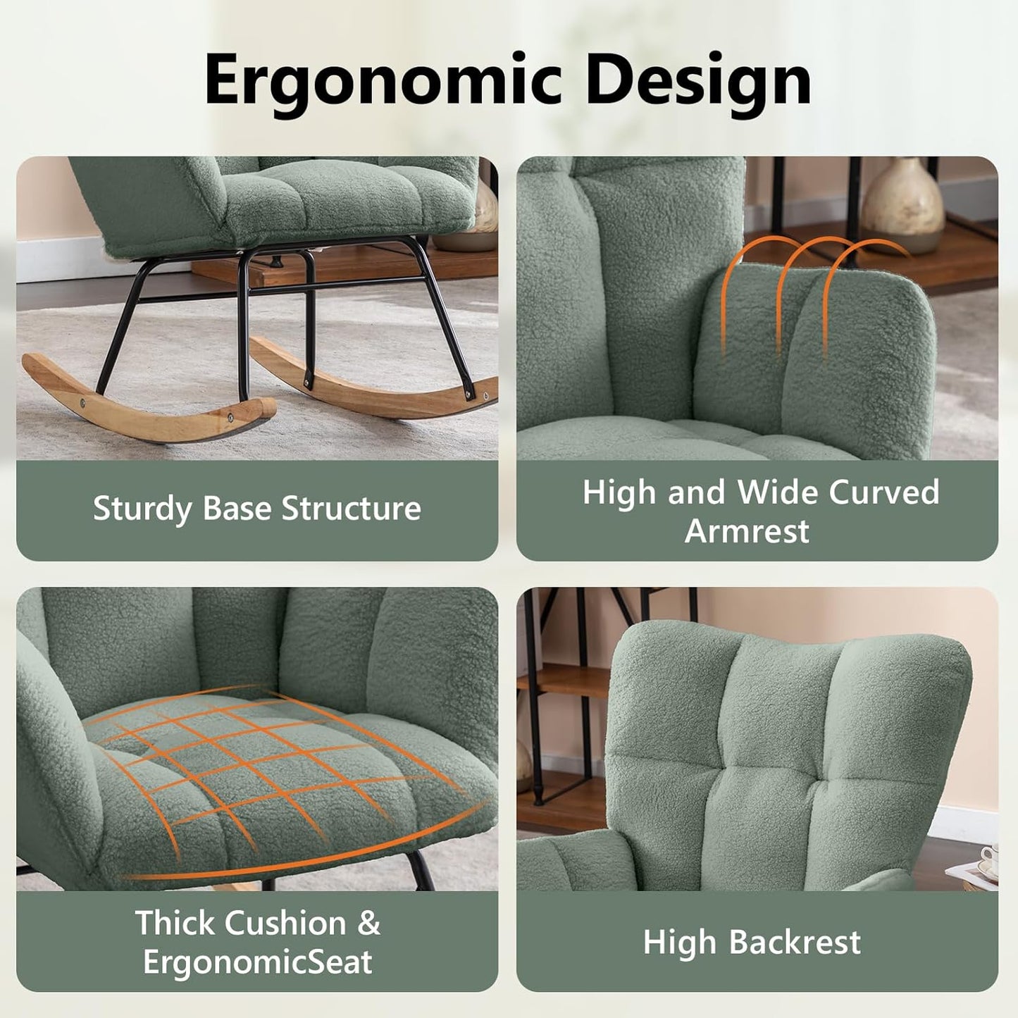 NIOIIKIT Nursery Rocking Chair Teddy Upholstered Glider Rocker Rocking Accent Chair Padded Seat with High Backrest Armchair Comfy Side Chair for Living Room Bedroom Offices (Olive Green)