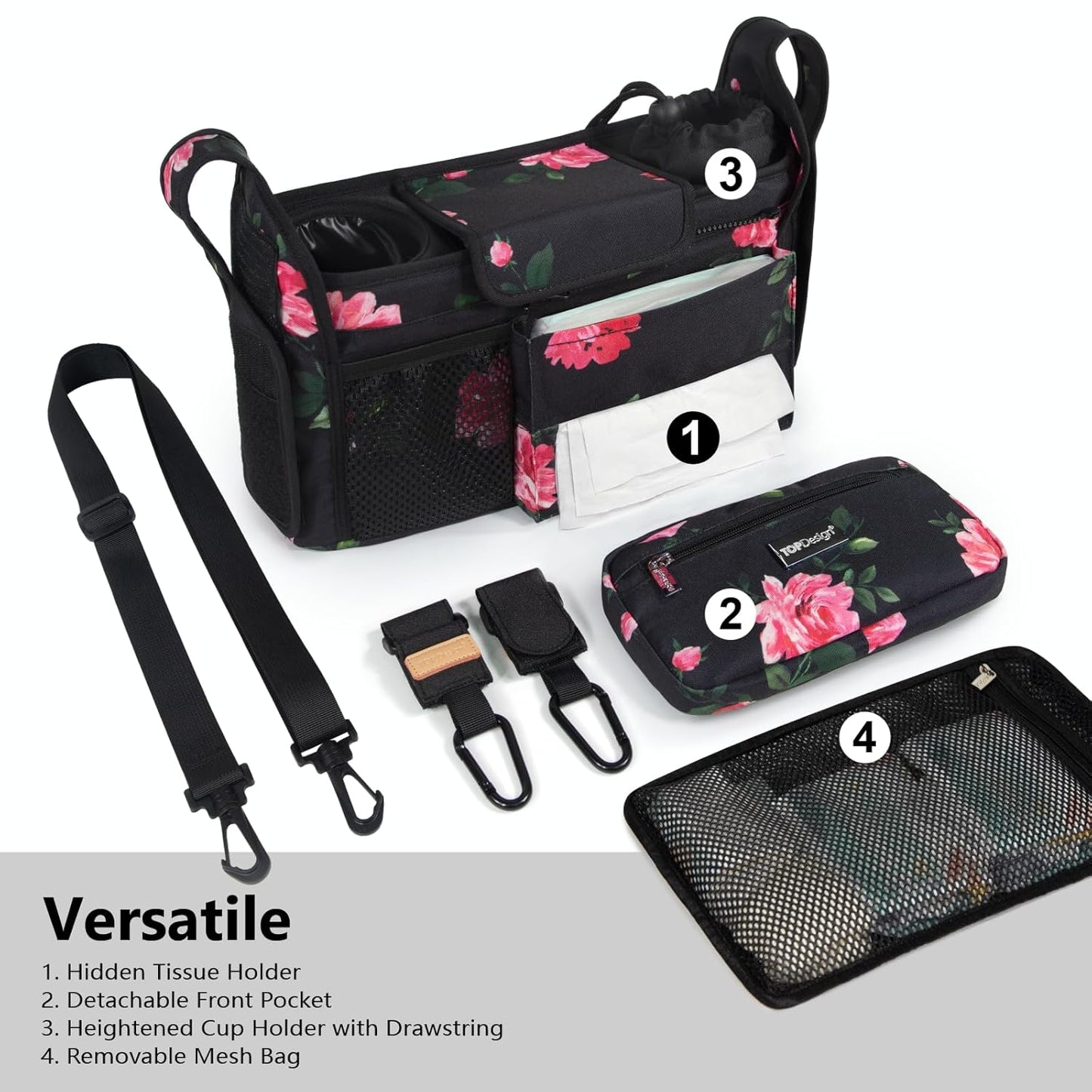 TOPDesign Universal Baby Stroller Organizer, Stroller Caddy with Detachable Mesh Bag & Heightened Insulated Cup Holders & Non-Slip Secure Hooks Accessories, Fits Most Strollers (Peony)