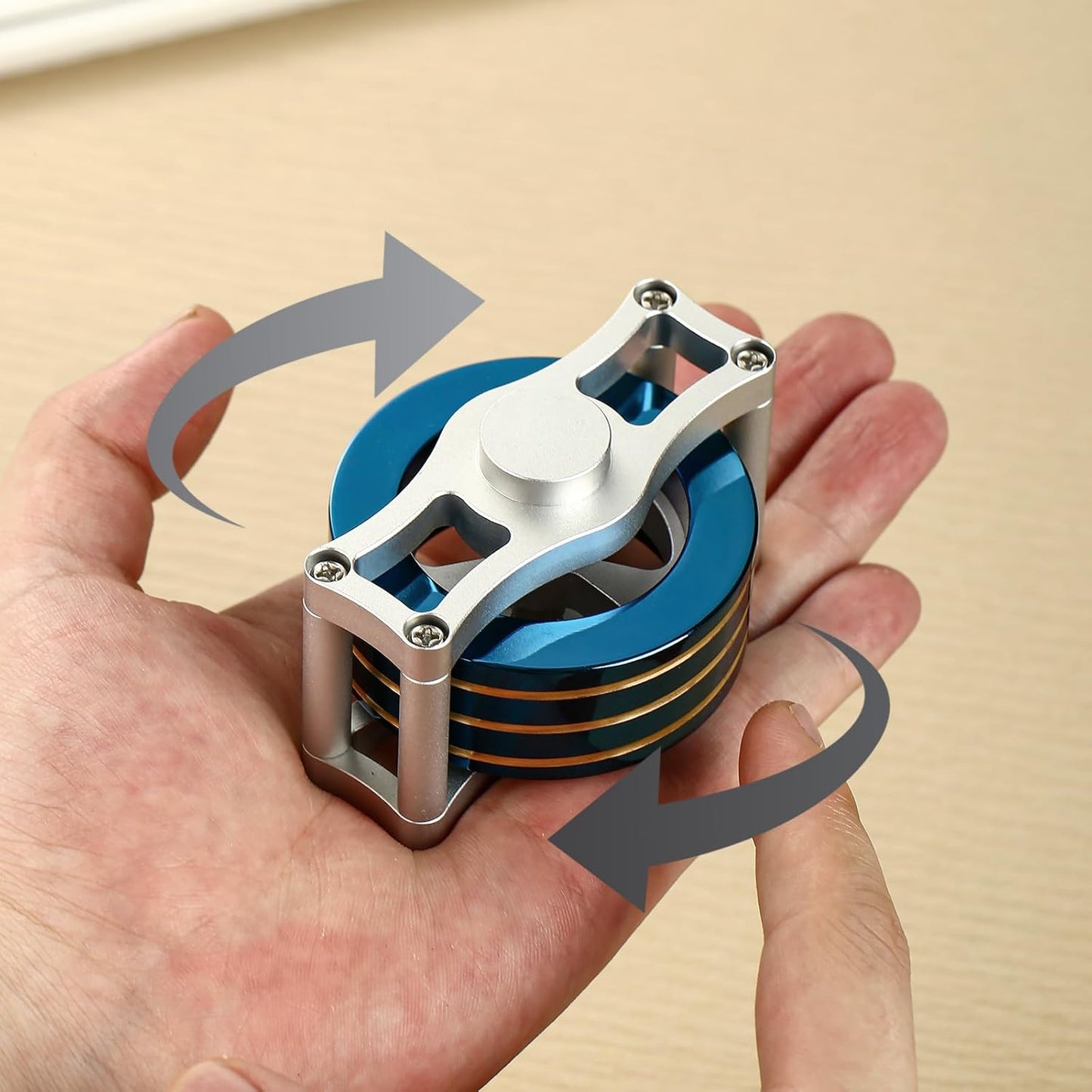 Metal Spinning Top Fidget Toys Perpetual Motion Machine, Silent Spinners Gyro Desk Toys Tech Gadgets for Adults with Anxiety, Kinetic Toy Long Lasting Exceed 30 Mins, Illusion Shiny Blue