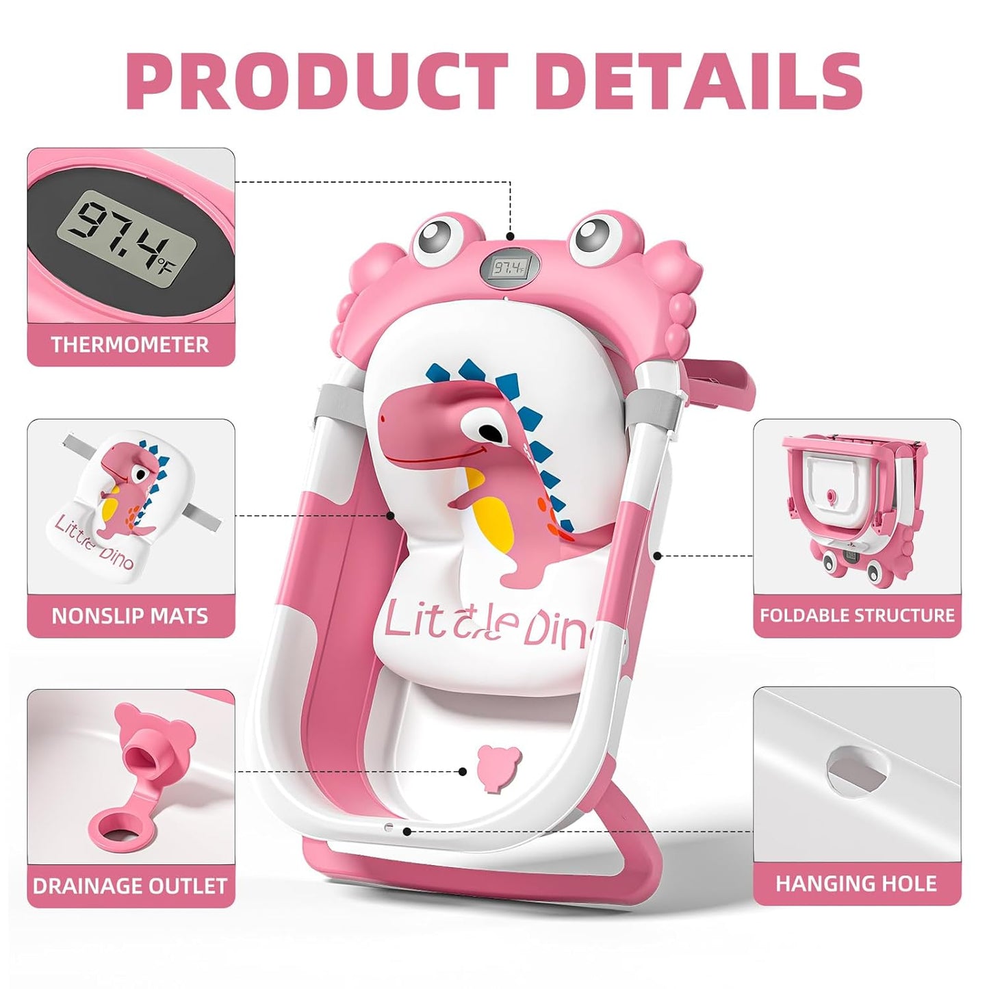 Collapsible Baby Bathtub for Newborns to Toddler with Real-time Temp Monitor & Floating Cushion,Portable Travel Tub for 0-36 Month, Foldable Baby Bath Tub for Infants Girl (Pink)