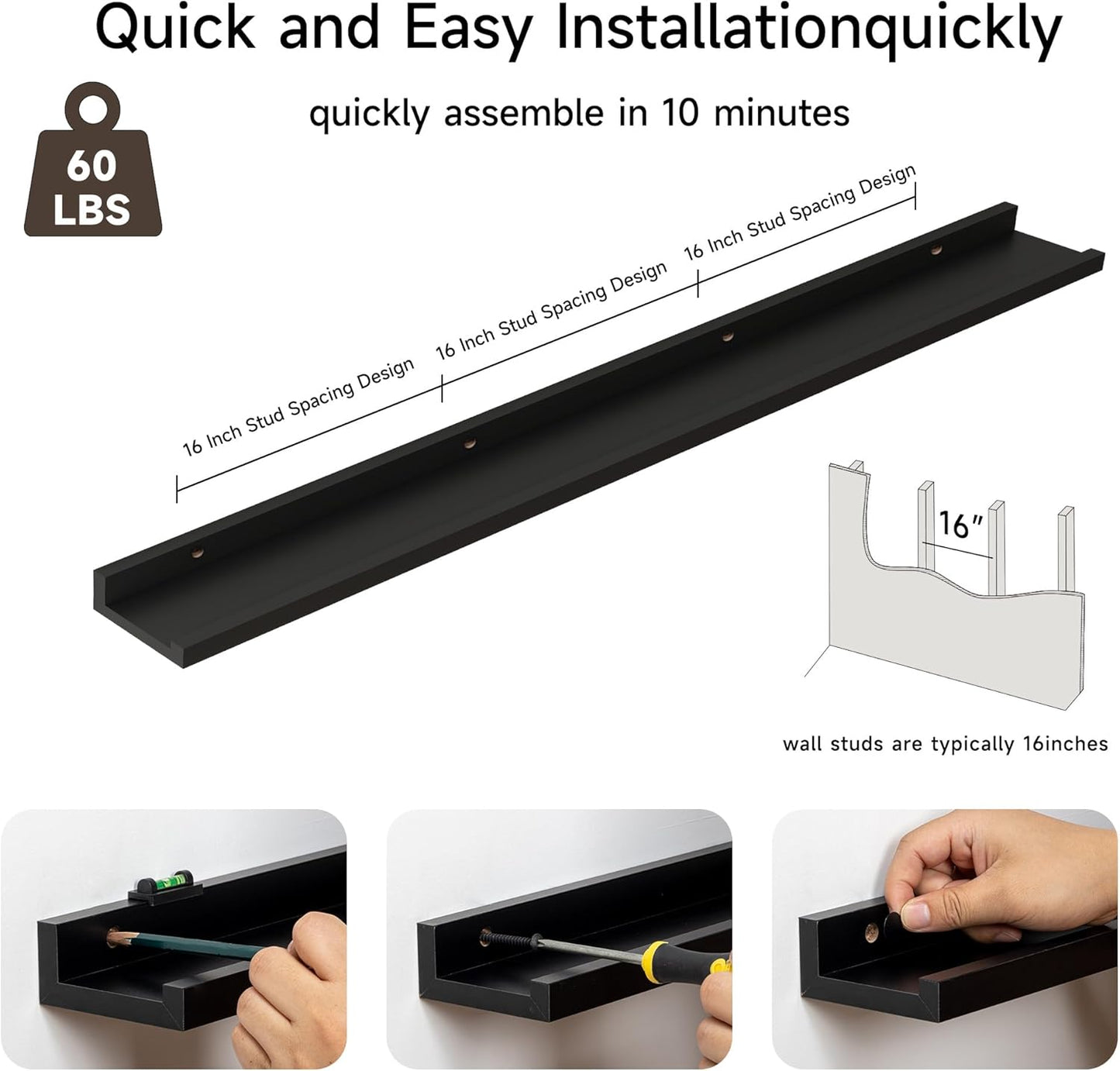 Floating Picture Ledge Shelves for Wall Set of 2, 55 Inches Picture Shelf with Ledge, Nursery Book Shelf for Toys Storage Kids Bookshelf Wall Mounted Living Room Bedroom Decor Frames, Black