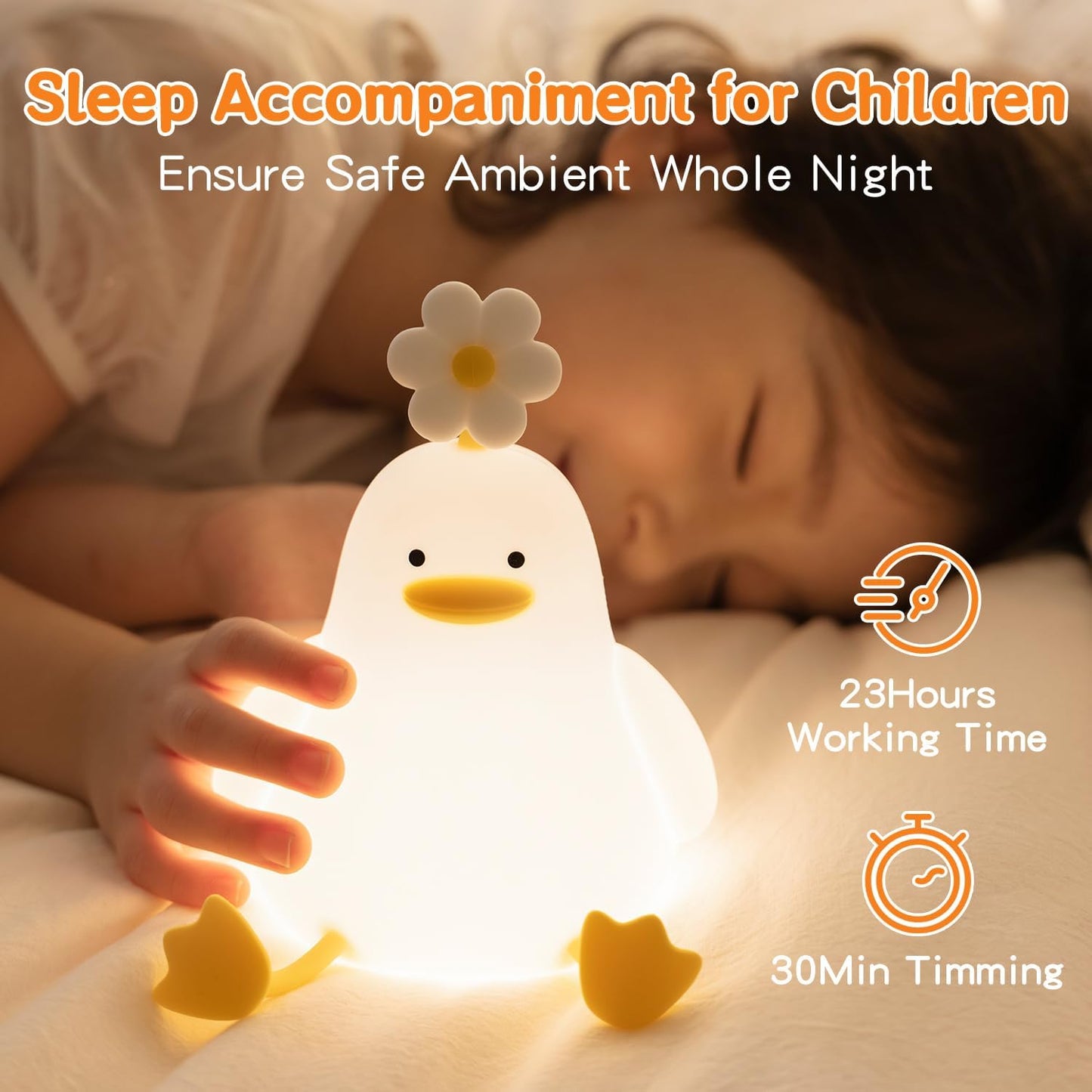 Cute Duck Night Light for Baby, Kids, Toddler, Ambient Nursery Nightlight, Soothing Lamp 3 Level Dimmable, Sleeping Accompanion for Bedroom Bedside, Rechargeable Battery, 30 Min Timer Off
