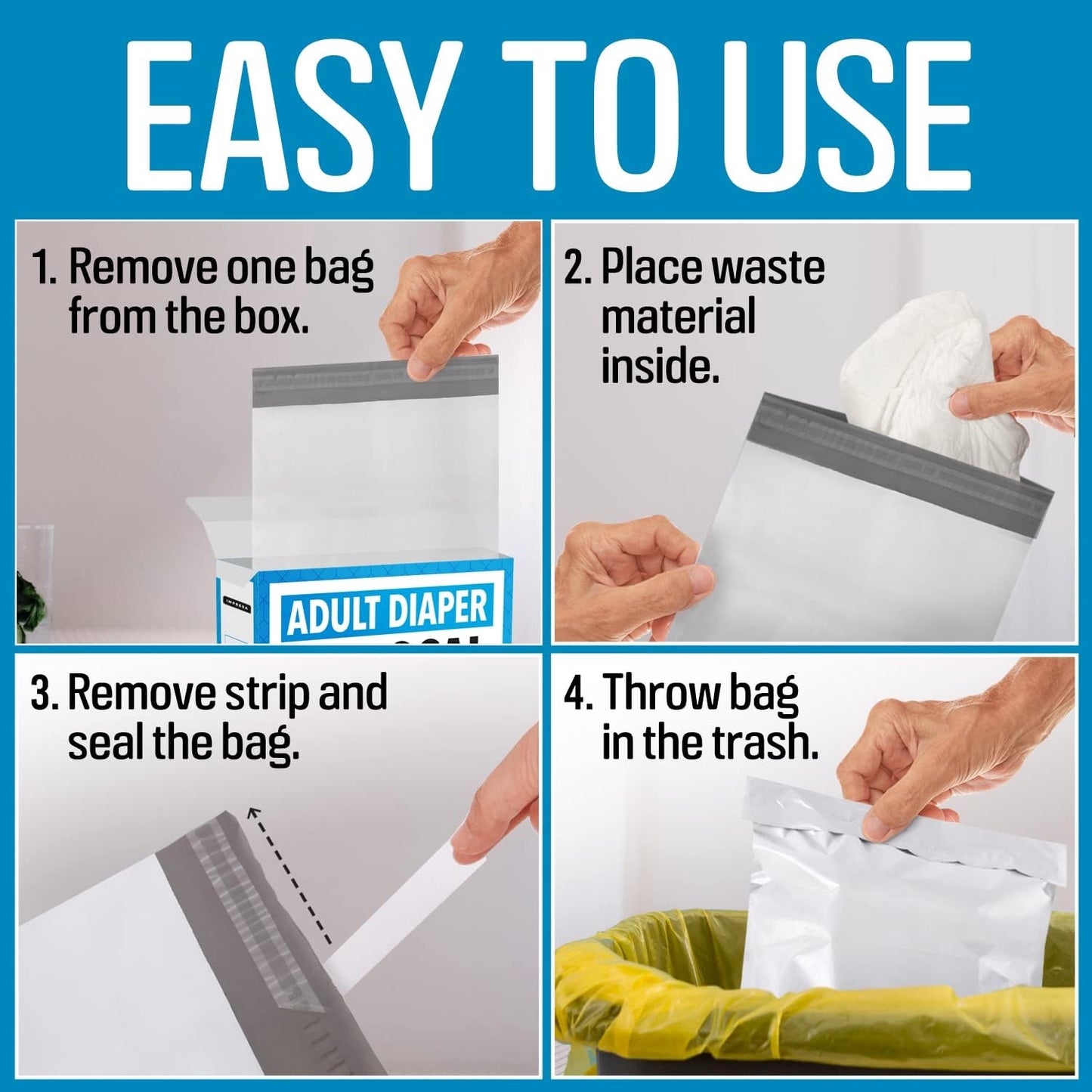 IMPRESA Disposable Adult Diaper Bags - 75-Pack, 12 x 15 in, Unscented - Odor-Proof, Leak-Proof & Tear-Resistant - Extra-Thick Bags for Adult Diapers & Incontinence Pads