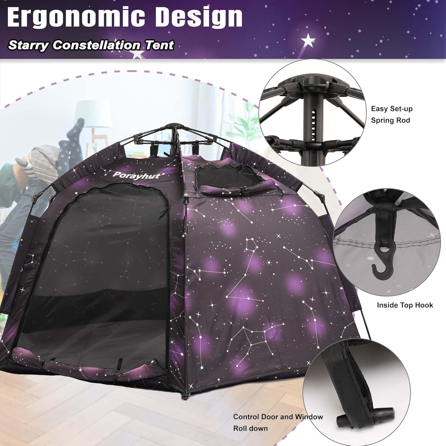 Portable Hexagon Kids Play Tent with LED Strip Lights Indoor Children Play House Easy Set-up Space Dream Tent for Night.4-5 Person Large Tents & Birthday Gifts
