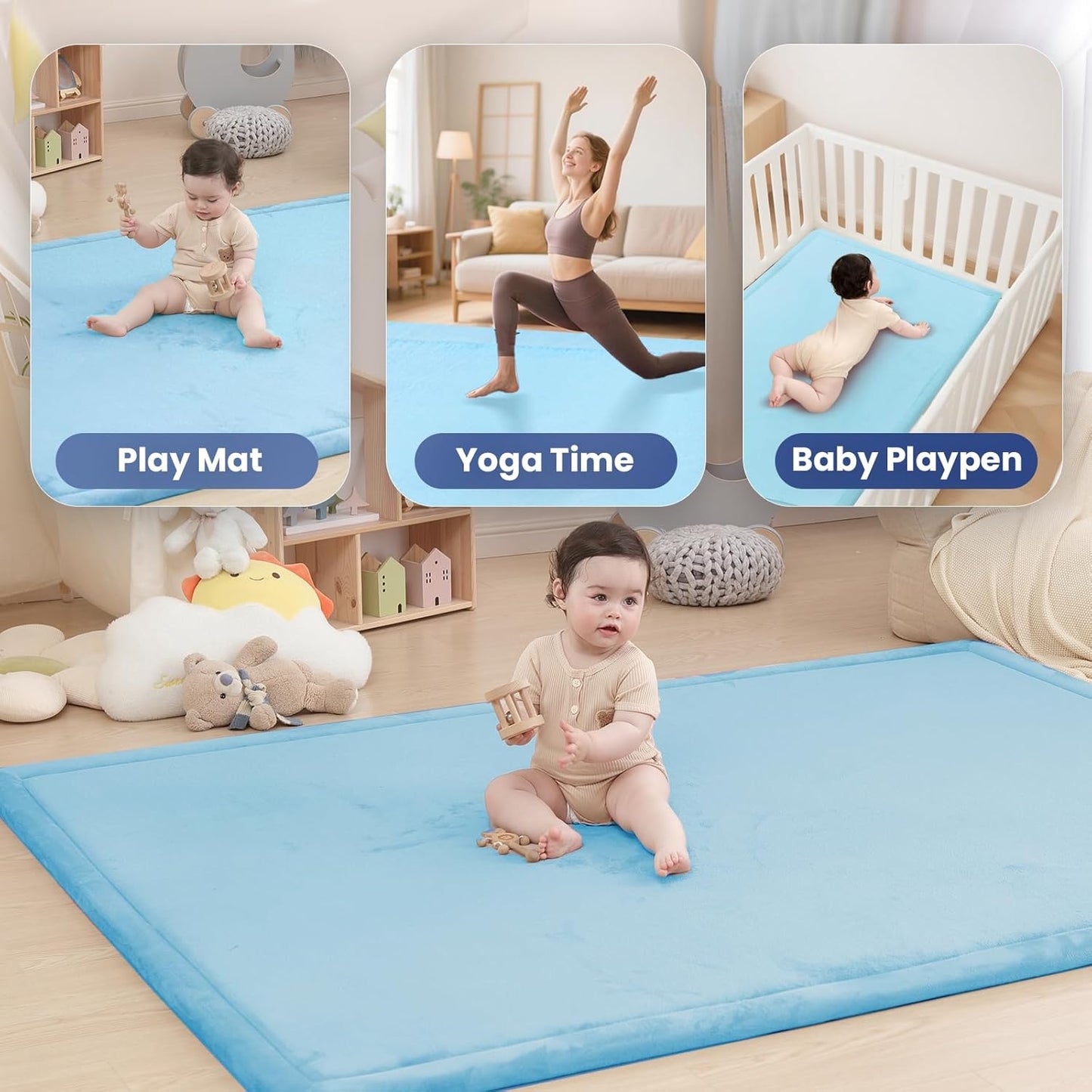 Baby Play Mat for Floor,1.3" Thick Memory foam Tummy Time Mat,Soft Coral Velvet Nursery Rug for Toddlers,Infants,kids,Extra Large Non Slip for Crawling,Tatami Style(Light Blue)