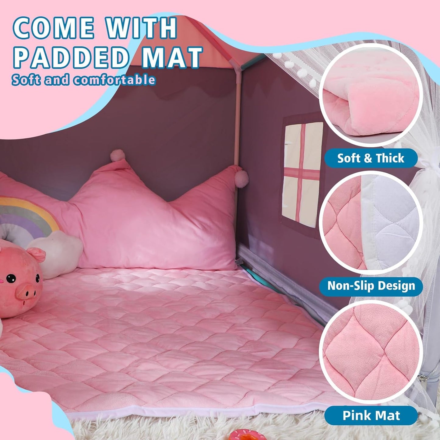 Wilwolfer Kid Tent with Mat, Star Lights - Kids Play Tents for Toddlers Kids Tents Indoor Playhouse - Princess Tent for Girls Toy House Gift (Gray with Mesh)