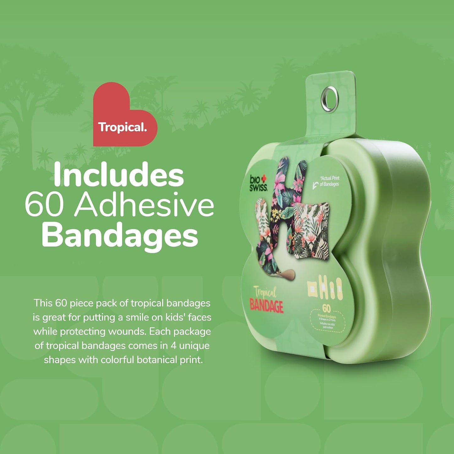 BioSwiss Bandages, Assorted Size Tropical Print Self Adhesive Bandage, Latex Free Sterile Wound Care, First Aid Kit Supplies for Kids and Adults, 60 Count