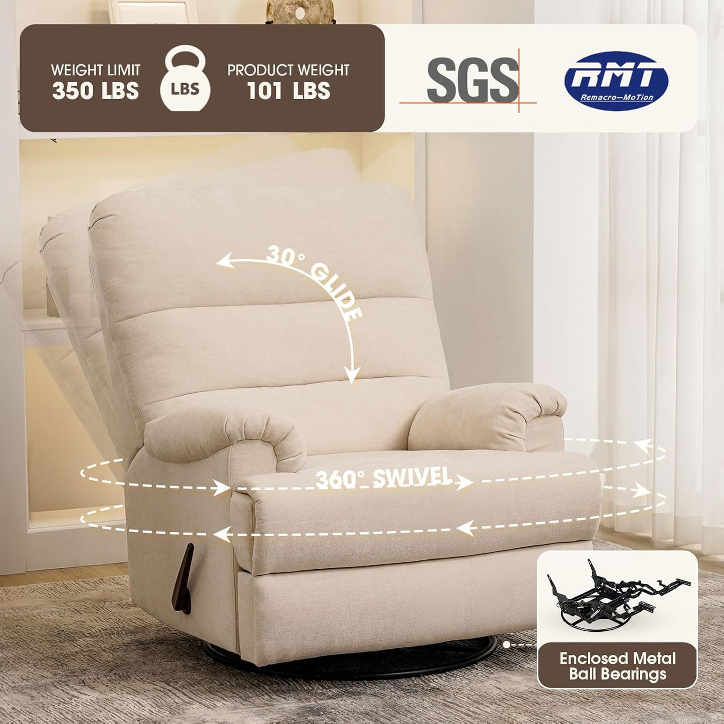 Large Glider Rocker Recliner,Beige Swivel Rocking Recliner Chair,Reclining Sofa Rocking Chair Nursery,23 Inches Deep Seat & 27 inches High Back,for Living Room, Bed Room‎ (Beige)