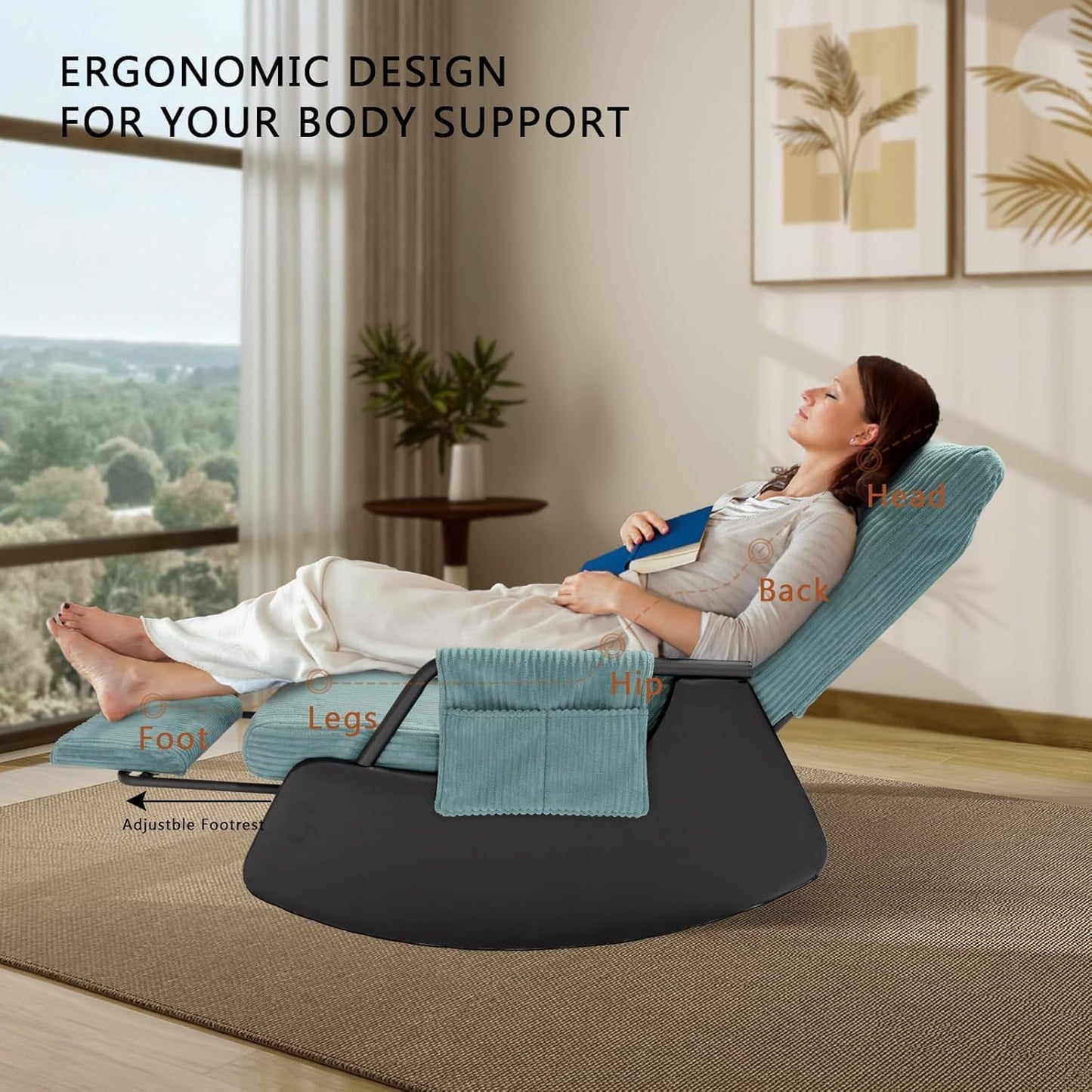 Rocking Chair for Nursery, Modern Upholstered Plush Seating Glider Recliner Chair with High Backrest and Side Pocket, Accent Armchair with Cushions for Living Room/Reading (Cyan Blue)