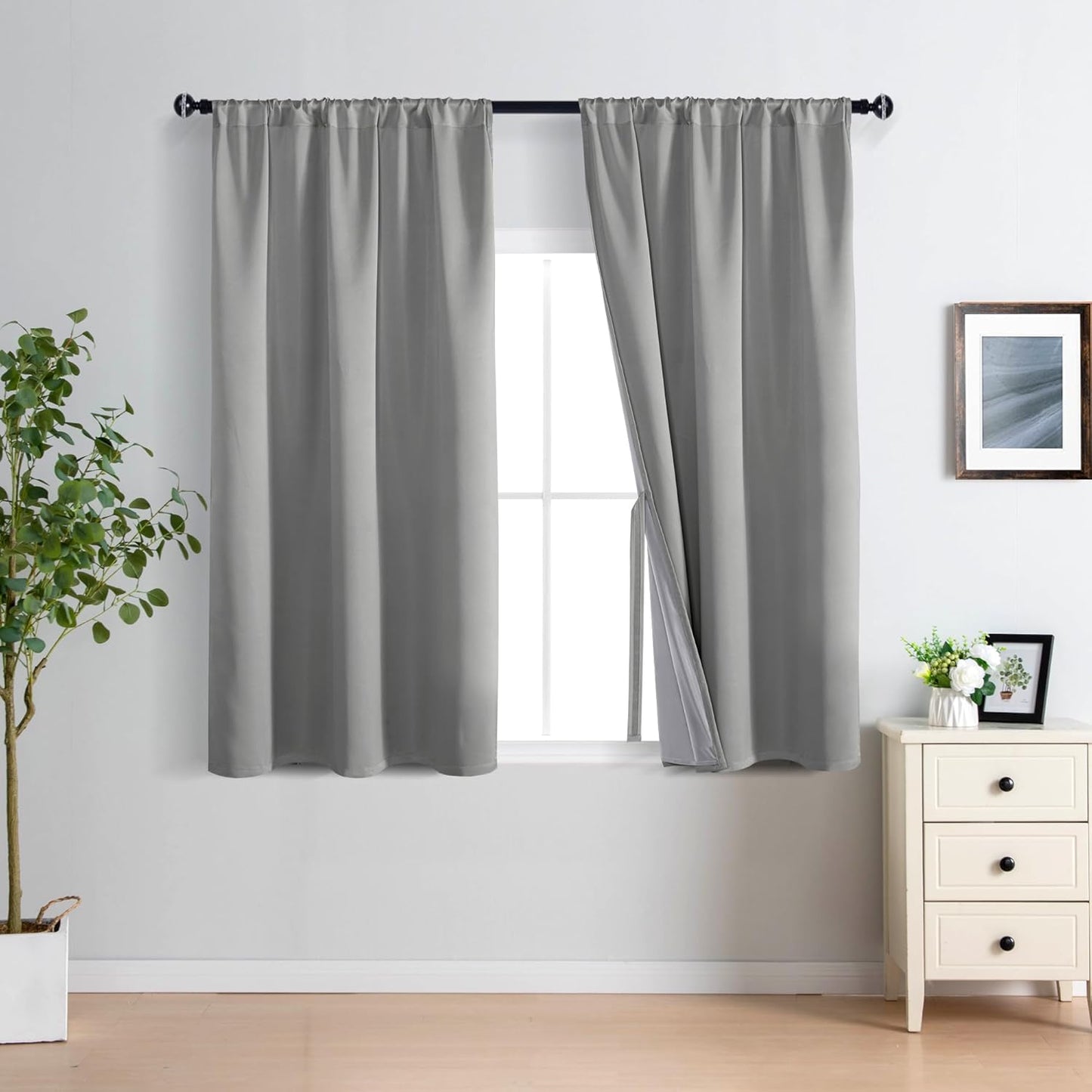 XWZO Full Shading Blackout Curtains 45 Inches Length with Tiebacks- Heat and Light Blocking Rod Pocket Window Drapes with Black Liner Backing for Bedroom/Kid's Room, Light Grey, W42 x L45, Set of 2
