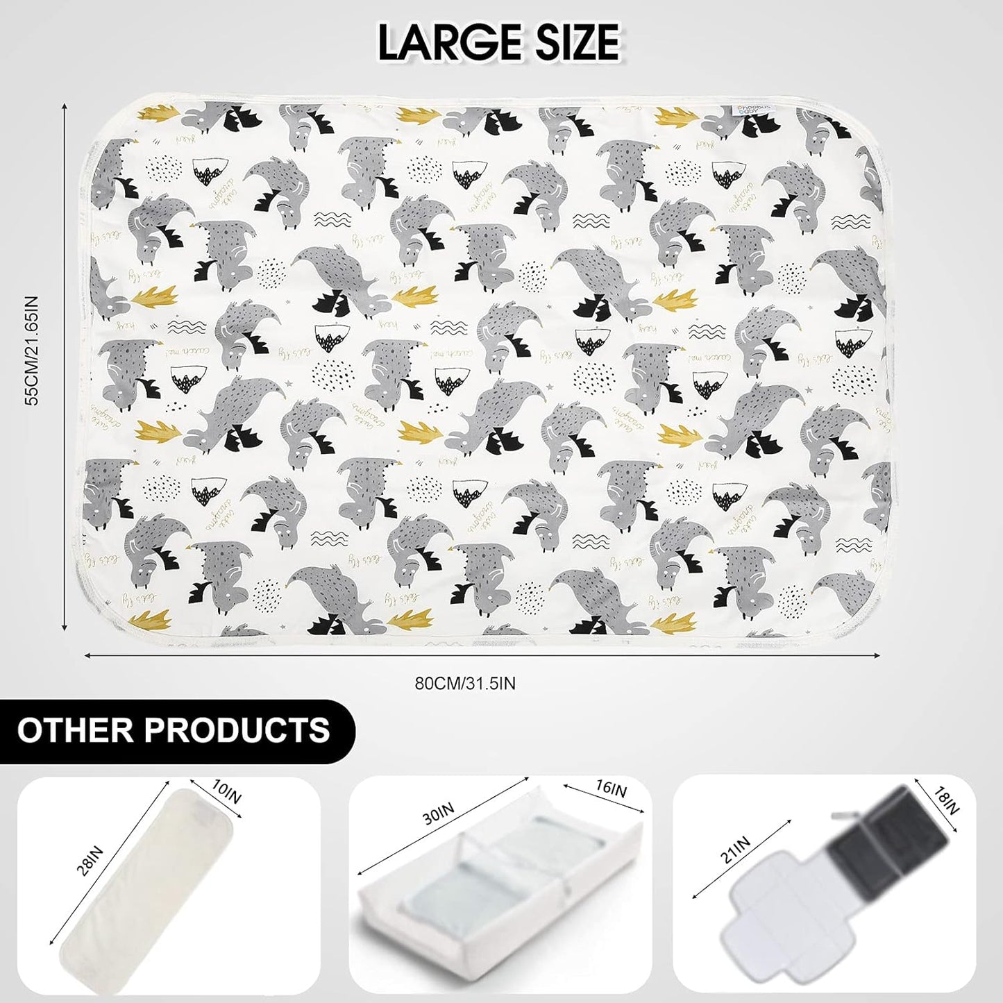 Baby Diaper Changing Pad, 21 5/8" x 31.5" Waterproof Changing Pad Liners - Reusable Soft and Absorbent Portable Changing Mat(Grey Dinosaur1PCS)