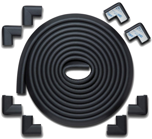 Roving Cove HeftyFit Edge Corner Protector Baby Proofing (Large 18ft Edge 8 Corners), Heavy-Duty, Soft NBR Rubber Foam, Furniture Fireplace Safety Bumper Guard, 3M Adhesive, Onyx Black