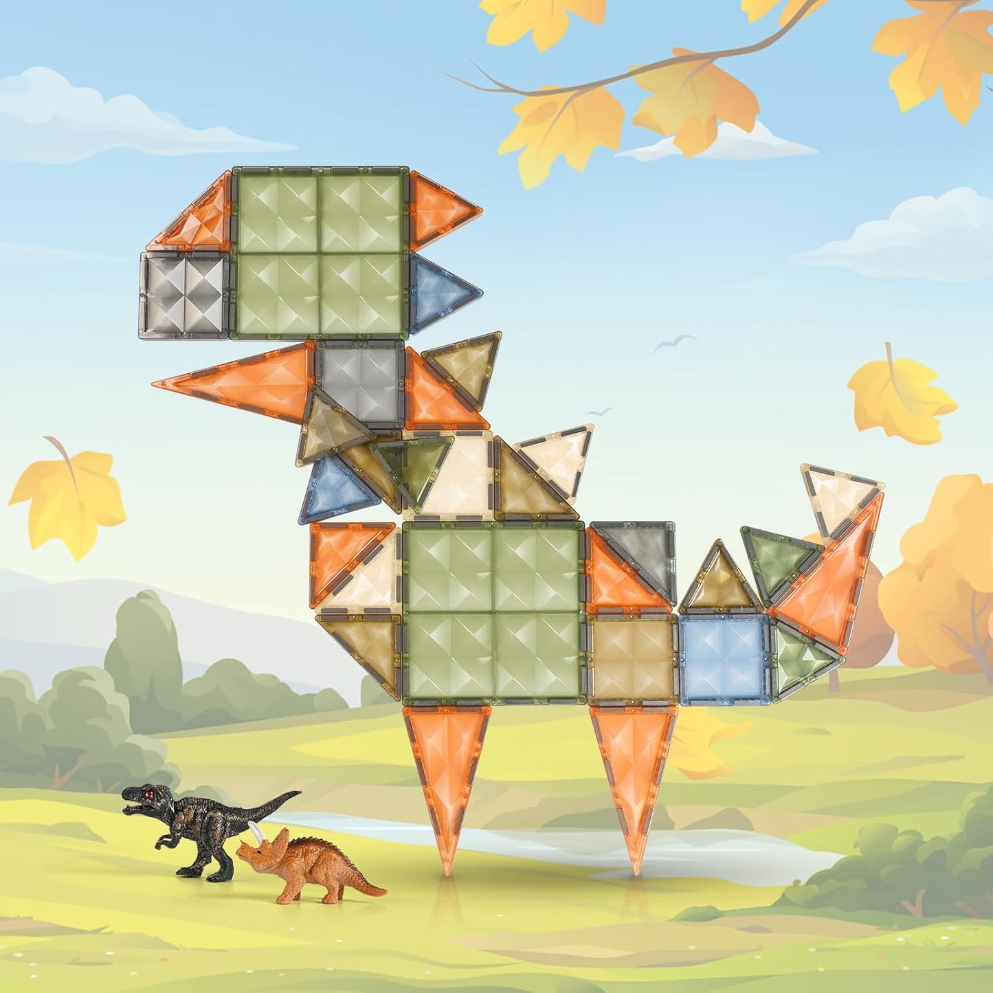 3D Magnetic Tiles, STEM Learning and Encourage Imaginative Play Magnetic Blocks, Preschool Puzzle Toys with Dinosaur, Gift for Boys and Girls 3 4 5 6 7 8 Years+