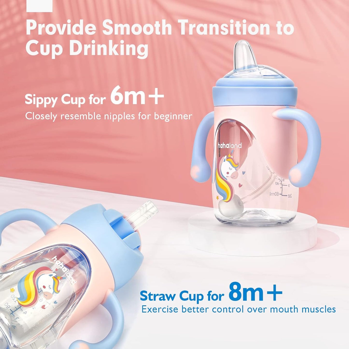 hahaland Sippy Cup for 6+ Month Old - 2 in 1 Spout & Straw Sippy Cups for Toddlers 1-3 No Spill Transition Weighted Straw Toddler Cups - 1 Cup with 2 Nipples