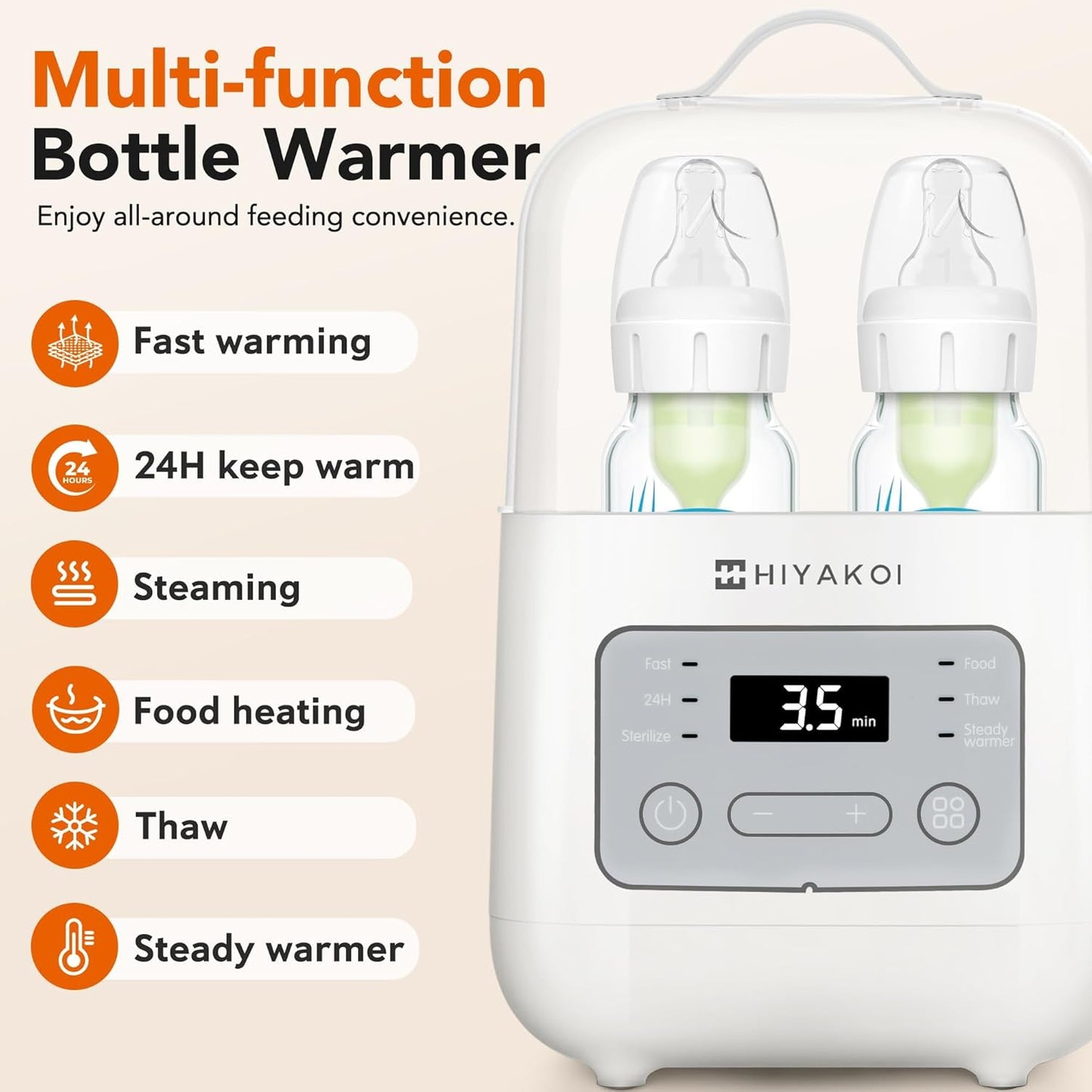 Bottle Warmer, HIYAKOI Fast Baby Bottle Warmer for Breastmilk with Smart Temperature Control, Keep 24H, Sterili-zing, Heat Baby Food, Thaw, Double Bottle Warmer for All Bottles