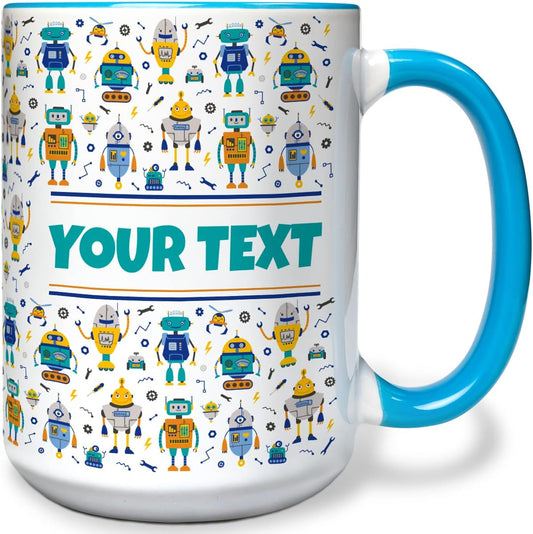 Personalized Mug for Kids - Robots - Custom Name/Text, Ceramic Hot Chocolate/Cocoa/Coffee Cup for Boys, Birthday/Christmas/Holiday Gift - 15 oz, Light Blue Handle