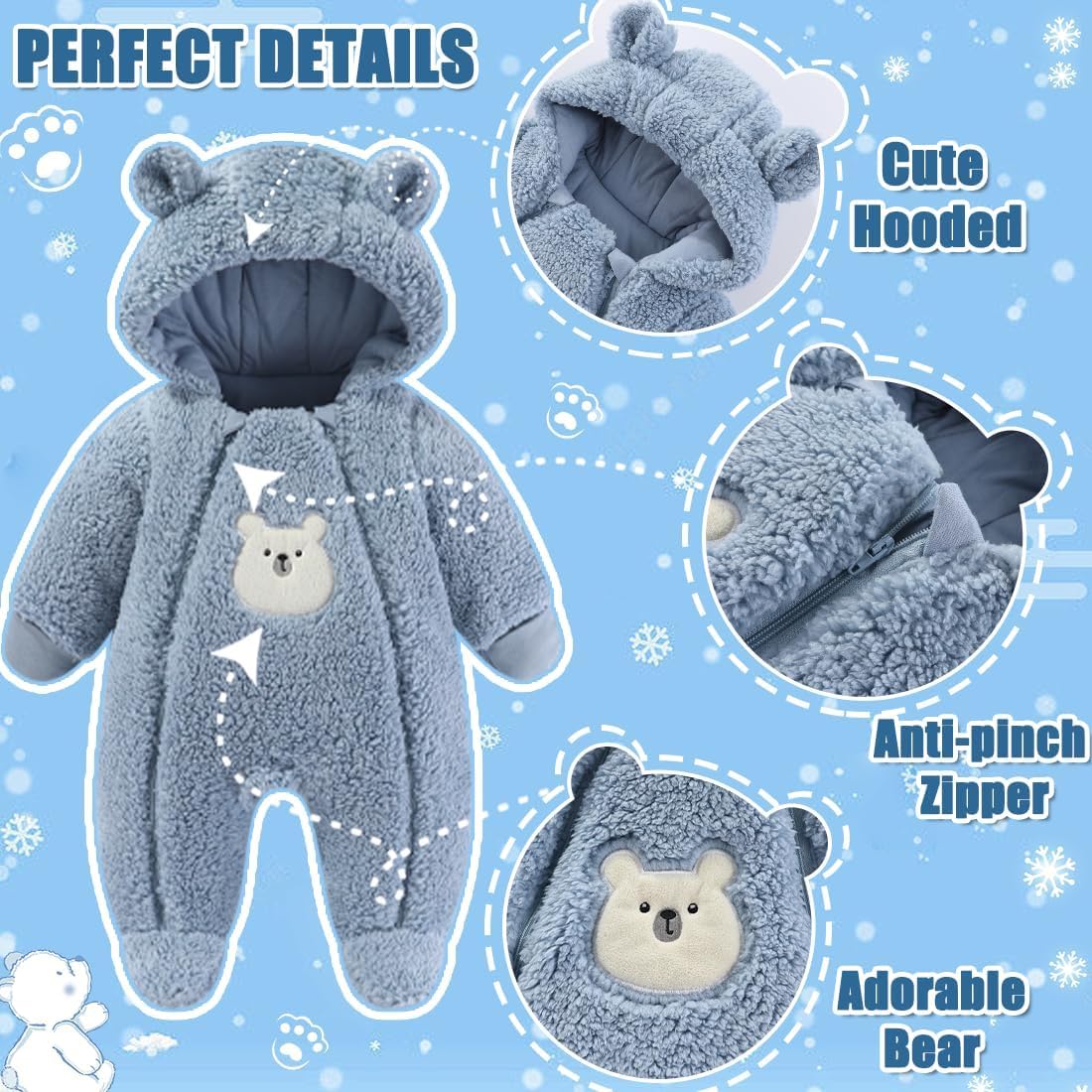 Fairy Baby Newborn Baby Winter Snowsuit Bear Thick Romper Footie Double Zip Hooded Jumpsuit Fleece Coat Infant Boy Girl 0-12M
