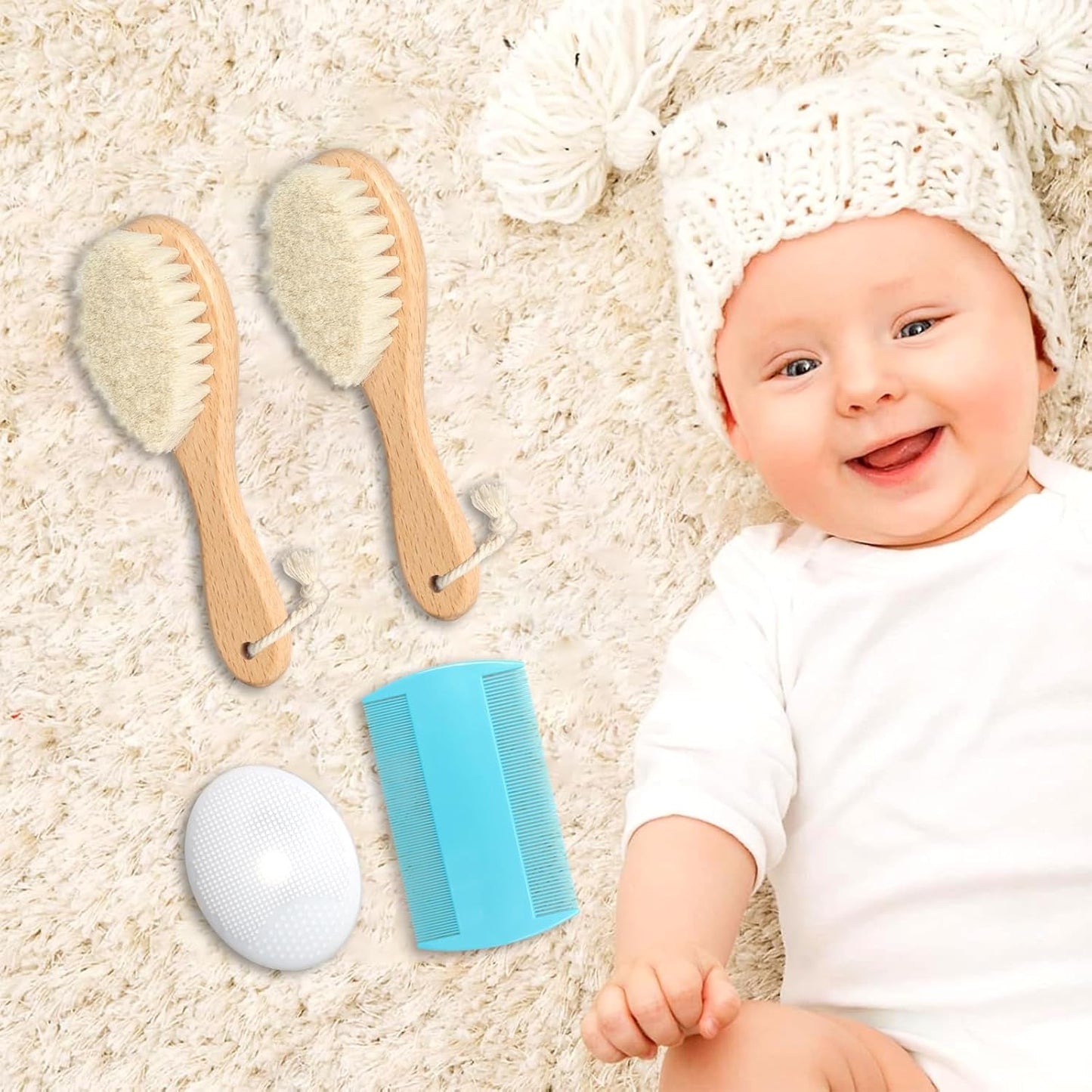 Baby Hair Brush and Comb Set, 2pcs Wooden Natural Goat Bristles Brush+ Blue Comb+ White Cradle Cap Brush Grooming Kit for Newborns Toddlers Boys Girls