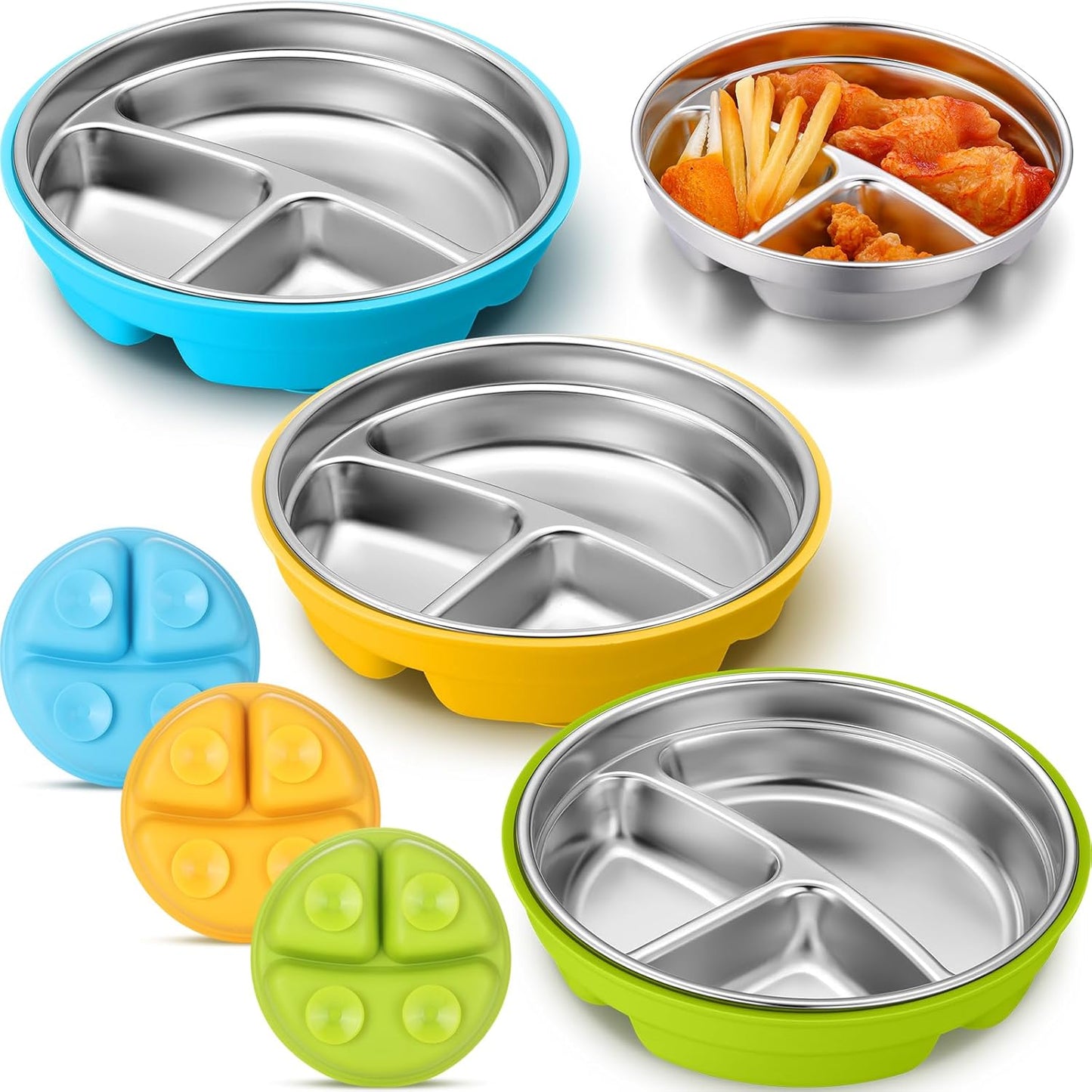 Nuogo 3 Pcs Stainless Steel Baby Suction Plates with Removable Silicone Shell 2-in-1 Metal Toddler Bowl Divided for Picky Eaters Kid Feeding Led Weaning Supply, Dishwasher Safe (Yellow,Blue,Green)