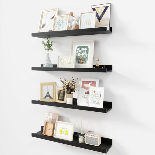 Picture Ledge Shelf, Wood Floating Shelves Set of 4, 24 inch Picture Ledge Shelves, Photo Ledge Nursery Book Shelves Wall Mounted for Living Room Kids' Room Bedroom, Color Black