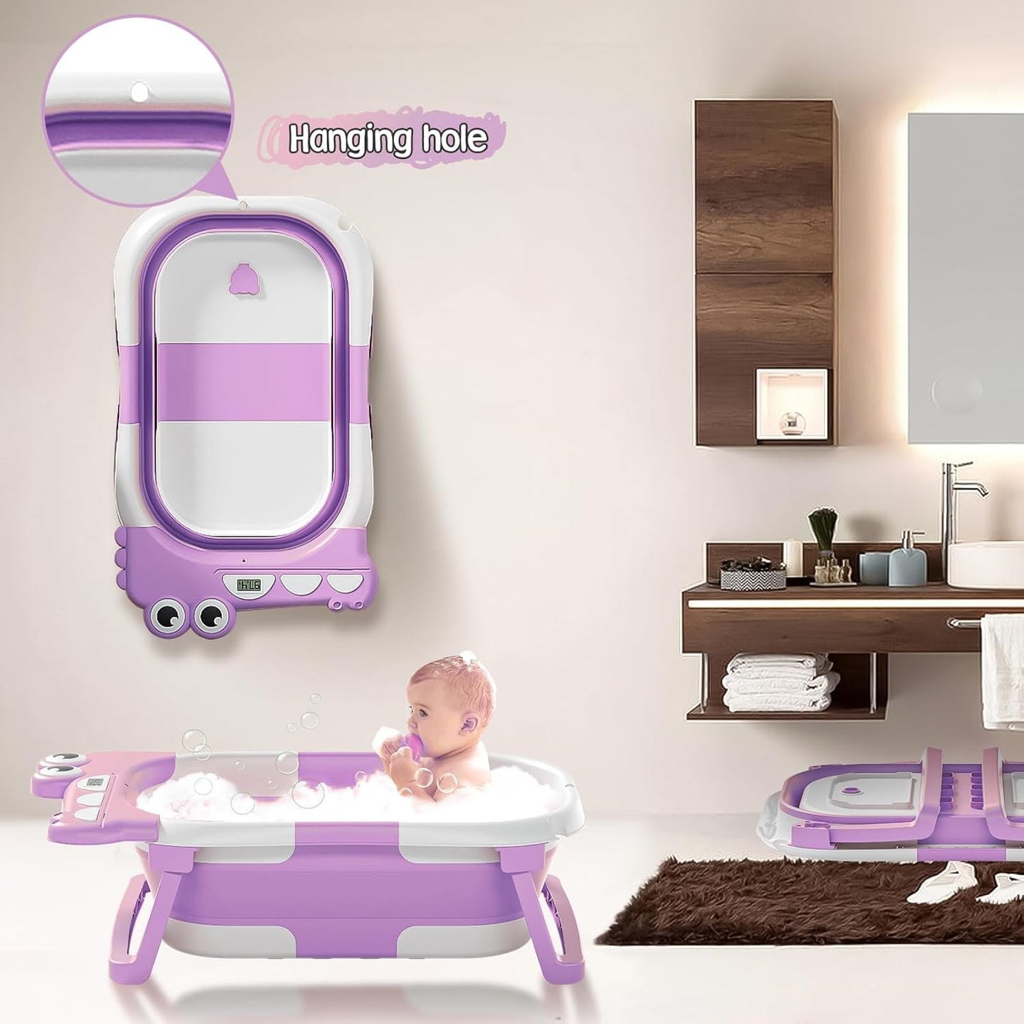 TPN Collapsible Baby Bathtub, Baby Bath Tub with Soft Cushion & Real-Time Thermometer, Baby Bathtub Infant to Toddler Tub (0-36 Months), Portable Newborn Travel Bath tub