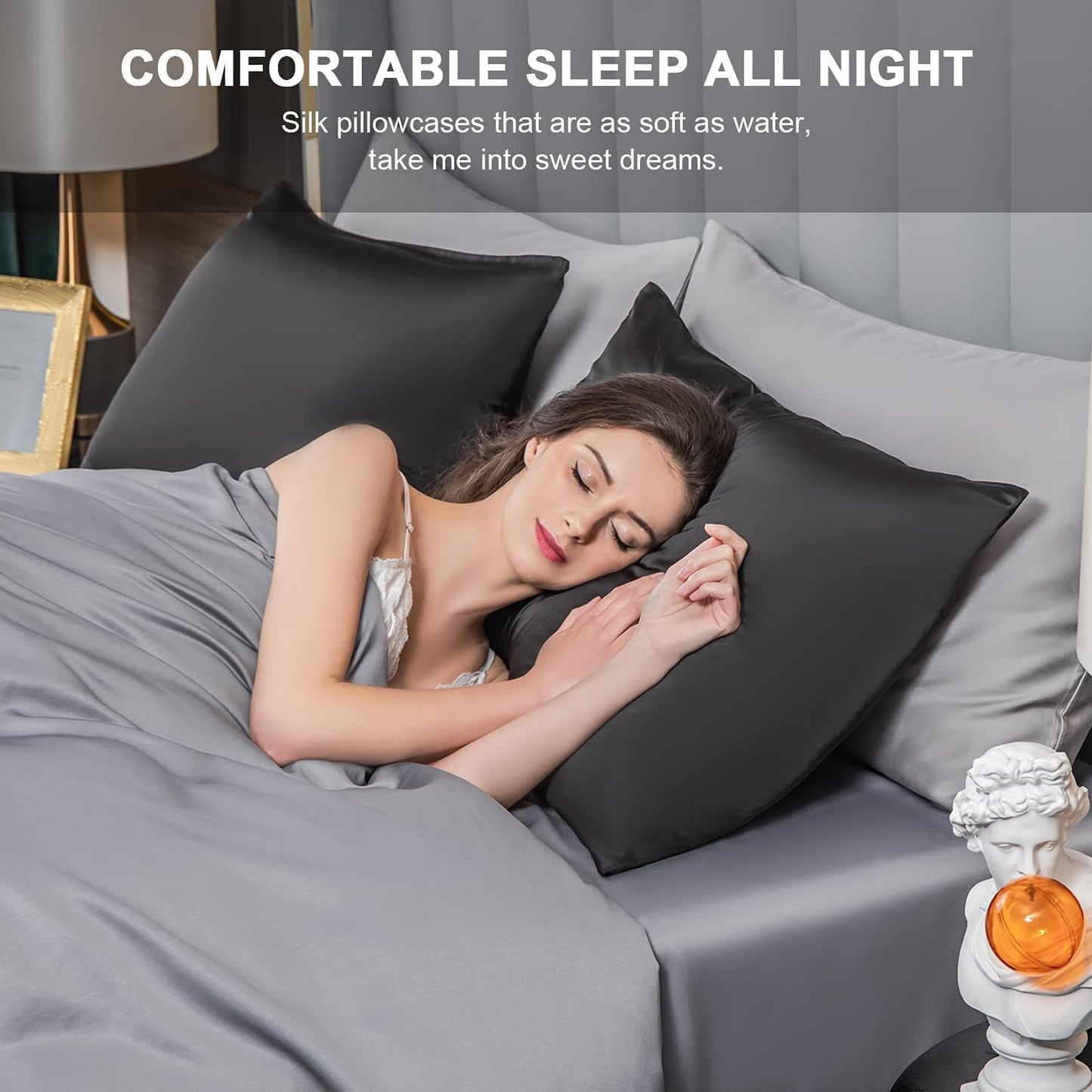 Mulberry Silk Pillowcase for Hair and Skin,Cooling Silk Pillow Case with Hidden Zipper,Allergen Proof Dual Sides Soft Breathable Smooth Silk Pillow Cover for Women (Black, Body)