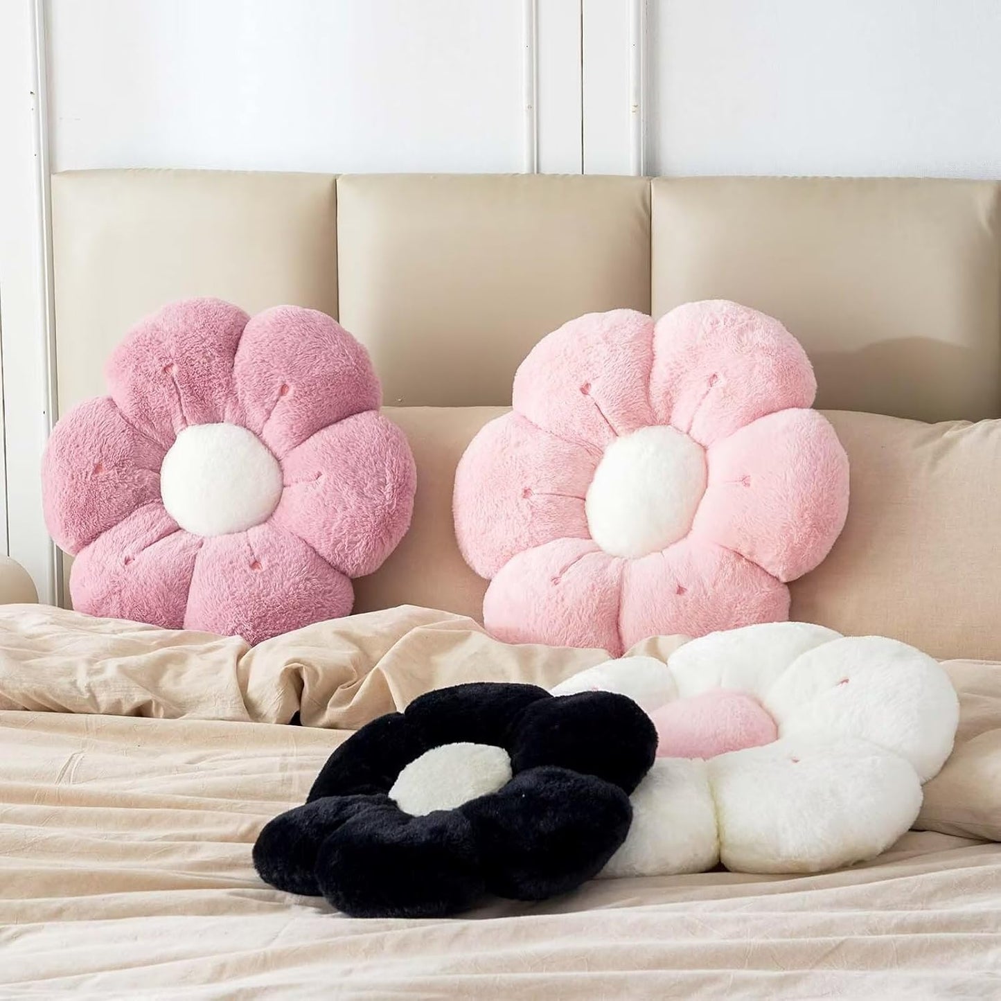 Flower Pillow, Cute Flower Shaped Decorative Pillow, Soft Rabbit Fur Daisy Pillow Home Decor Floor Seating Cushion for Bedroom Living Room (White 14.9 Inch)