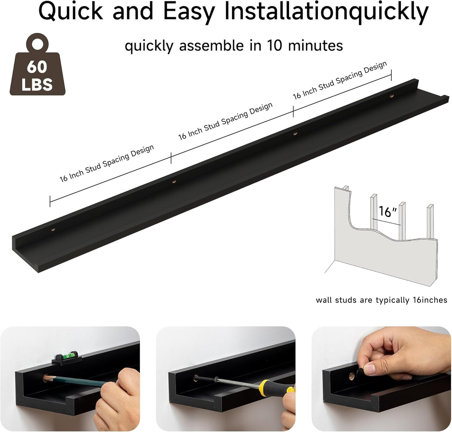 Floating Picture Ledge Shelves for Wall Set of 2, 72 Inches Picture Ledge Shelf with Long Large Nursery Book Shelf for Toys Storage Kids Bookshelf Wall Mounted Living Room Bedroom Decor Frames, Black