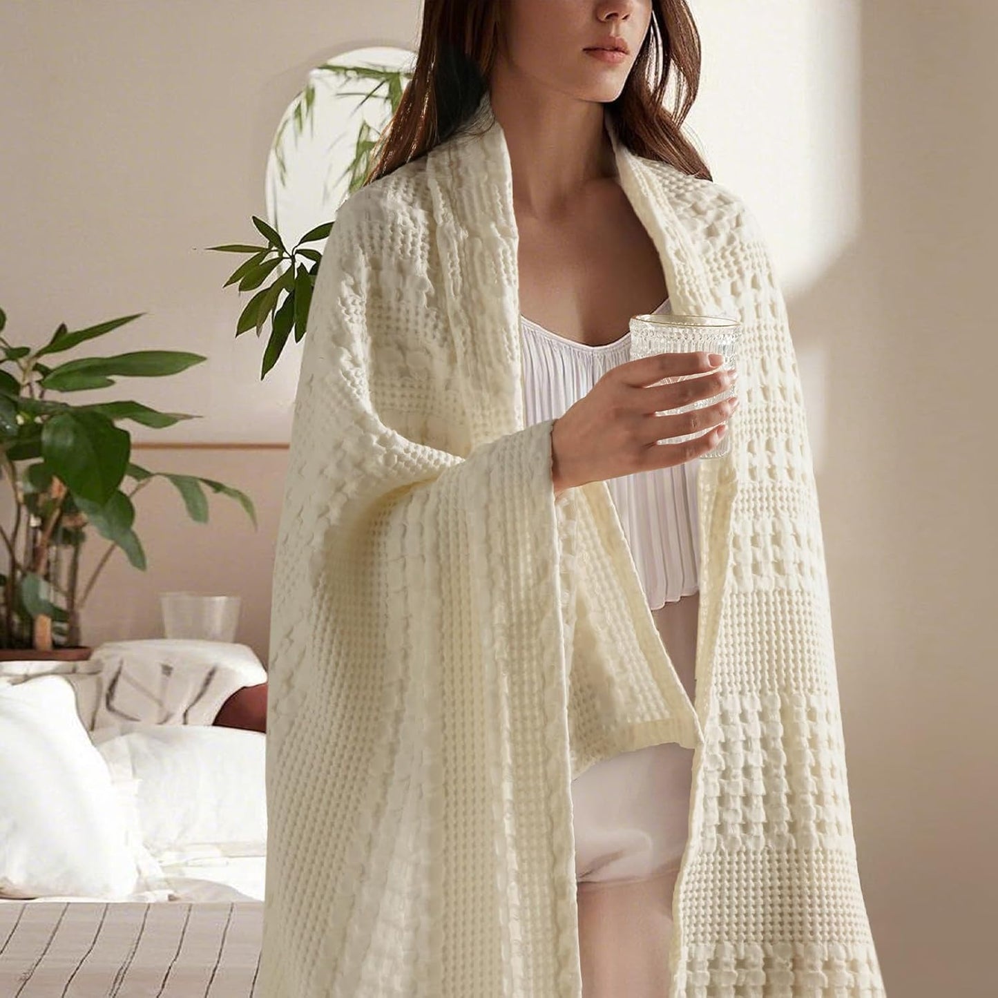 PHF 100% Cotton Waffle Weave Throw Blanket, Soft Lightweight Breathable Cozy Summer Throws for Couch Bed Sofa, Luxury Aesthetic Woven Blanket for Home Decor & Office, 50"x60", Cannoli Cream