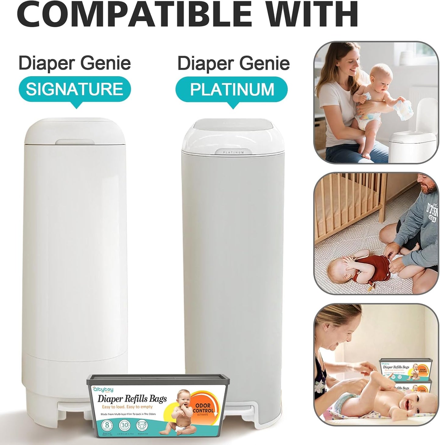 Refills Compatible with Diaper Genie Easy Roll Signature & Platinum Diaper Pail,4-Pack (120 Bags) for 5600 Newborn Diapers,7-Layer Powerful Odor Control.Extra Thickness,Durable & No Tear